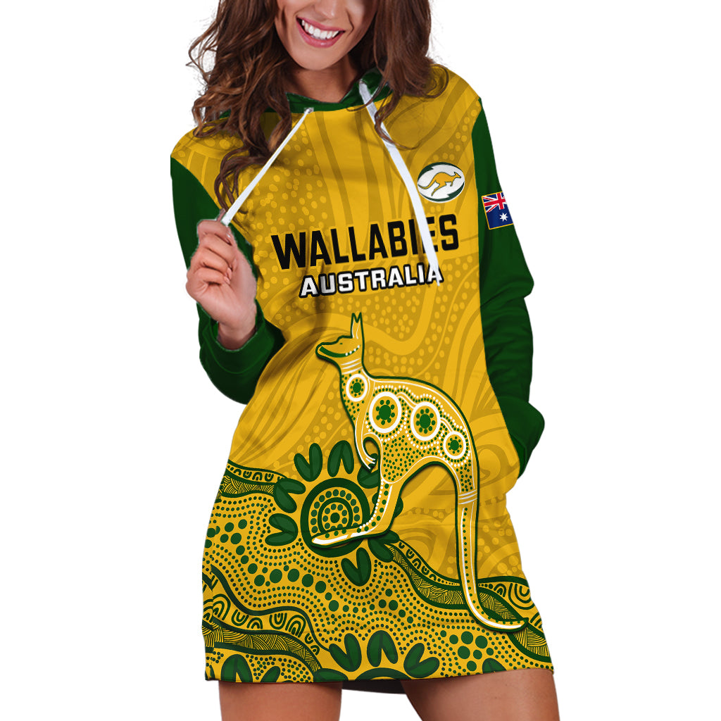 Australia Rugby Hoodie Dress Wallabies 2023 Kangaroo Indigenous Art - Vibe Hoodie Shop