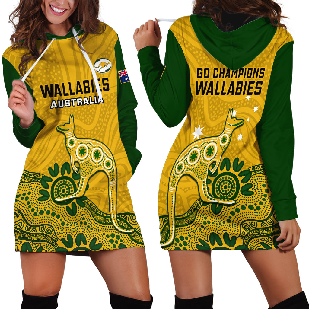 Australia Rugby Hoodie Dress Wallabies 2023 Kangaroo Indigenous Art - Vibe Hoodie Shop