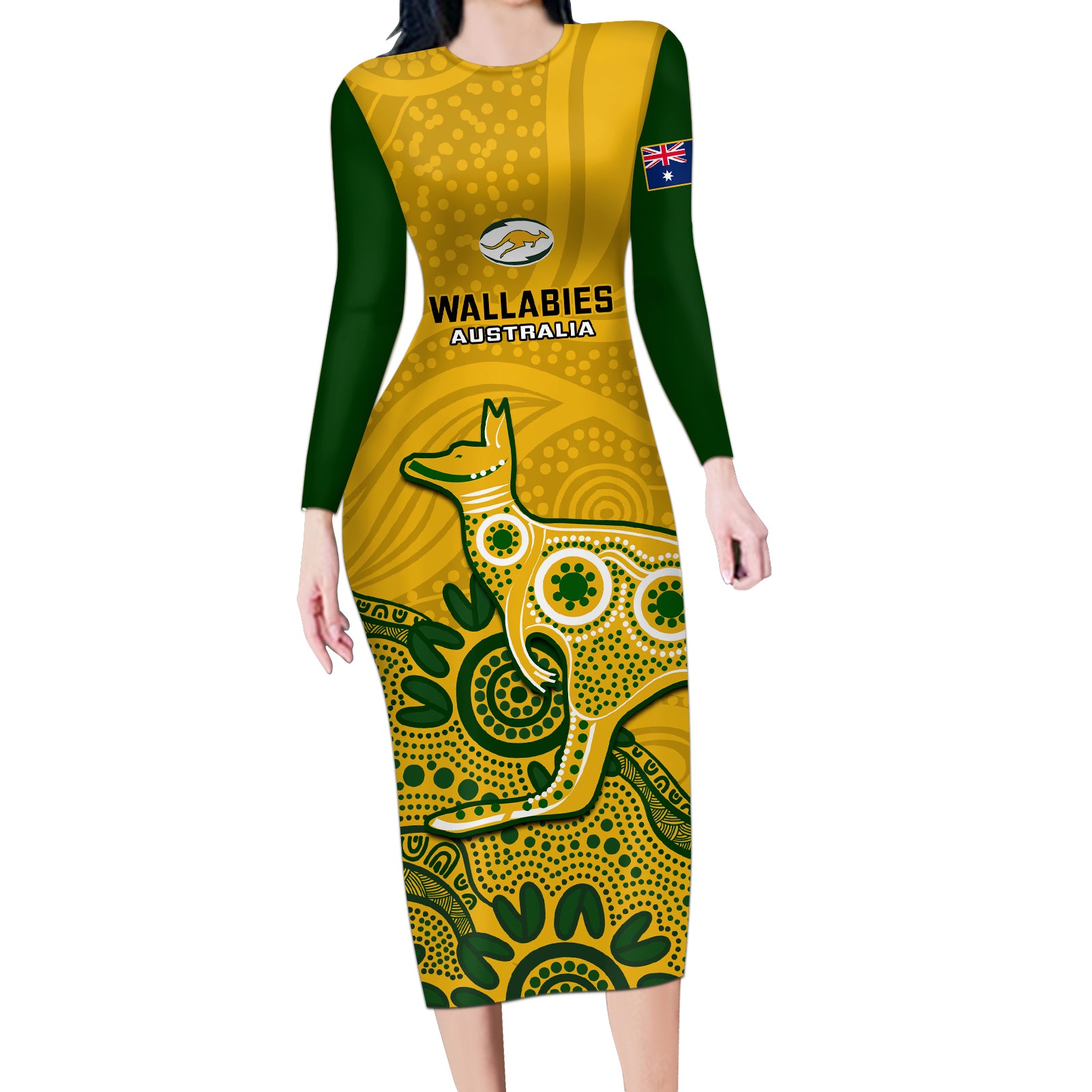 australia-rugby-long-sleeve-bodycon-dress-wallabies-2023-kangaroo-indigenous-art