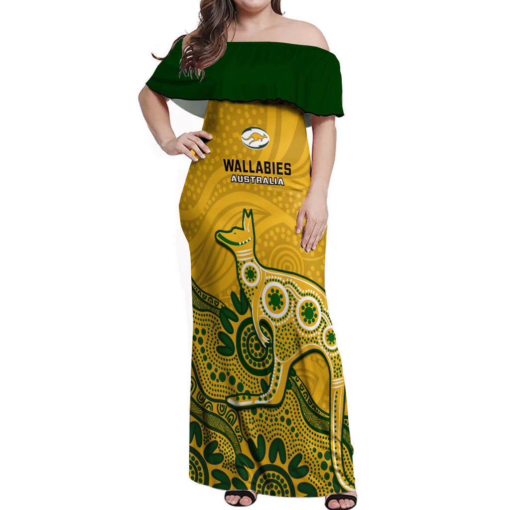 Australia Rugby Off Shoulder Maxi Dress Wallabies 2023 Kangaroo Indigenous Art - Vibe Hoodie Shop