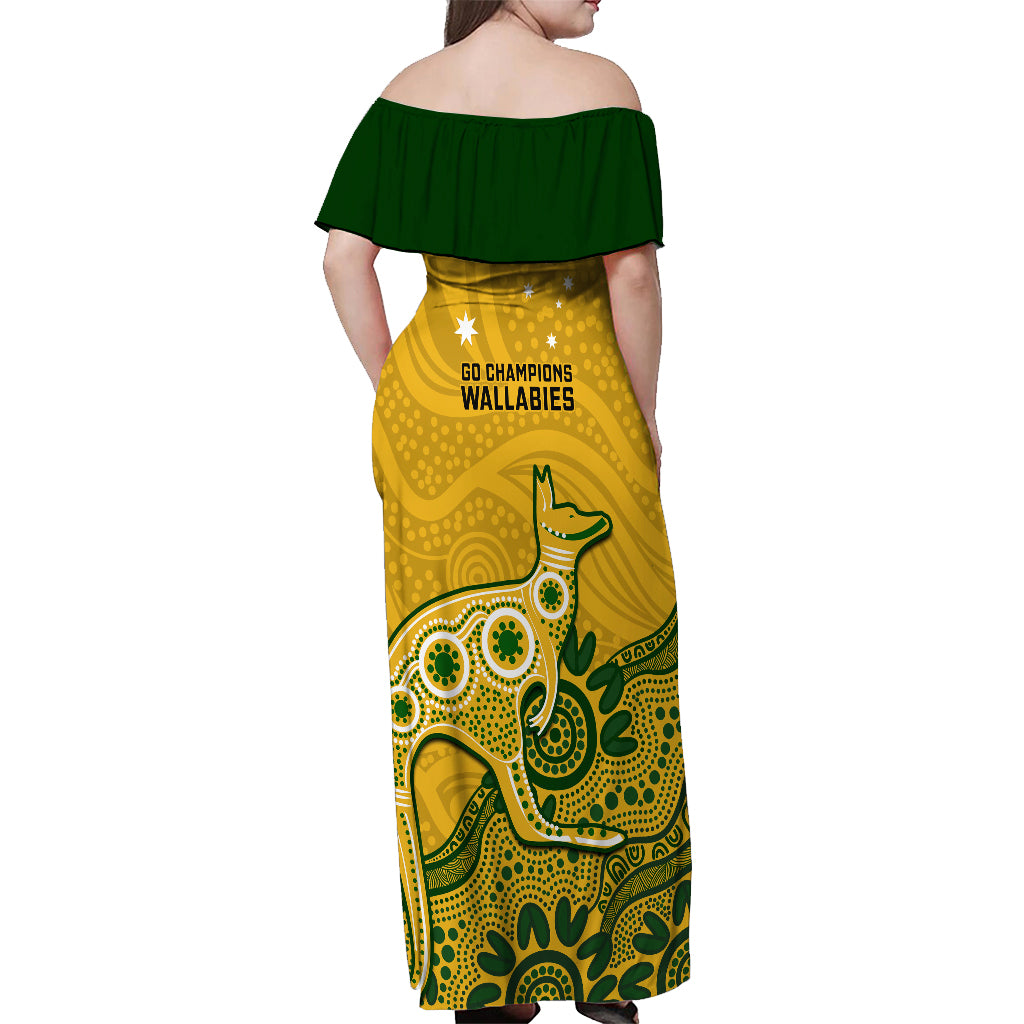 Australia Rugby Off Shoulder Maxi Dress Wallabies 2023 Kangaroo Indigenous Art - Vibe Hoodie Shop