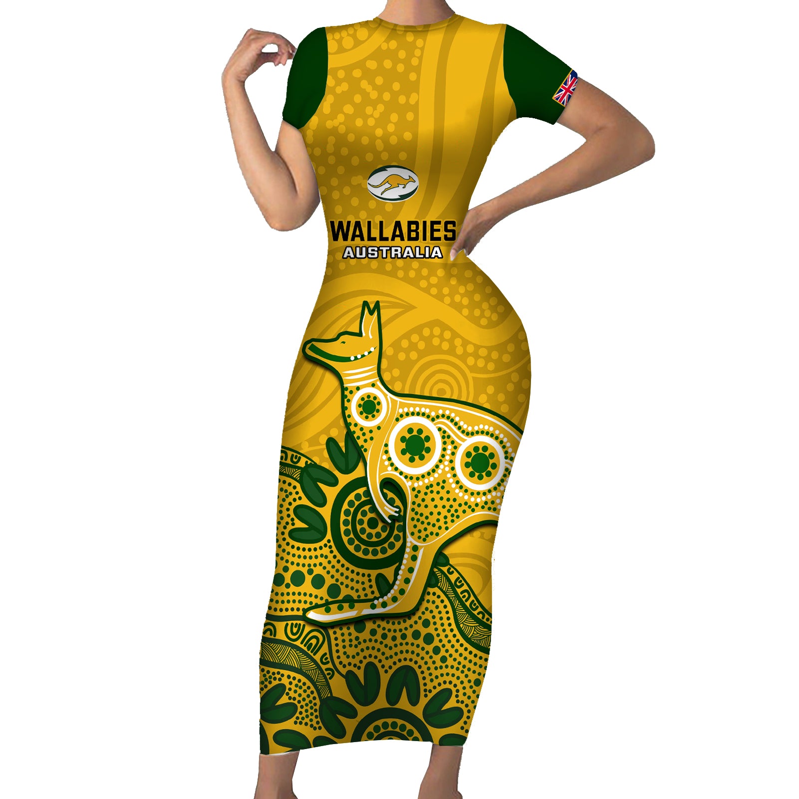 australia-rugby-short-sleeve-bodycon-dress-wallabies-2023-kangaroo-indigenous-art