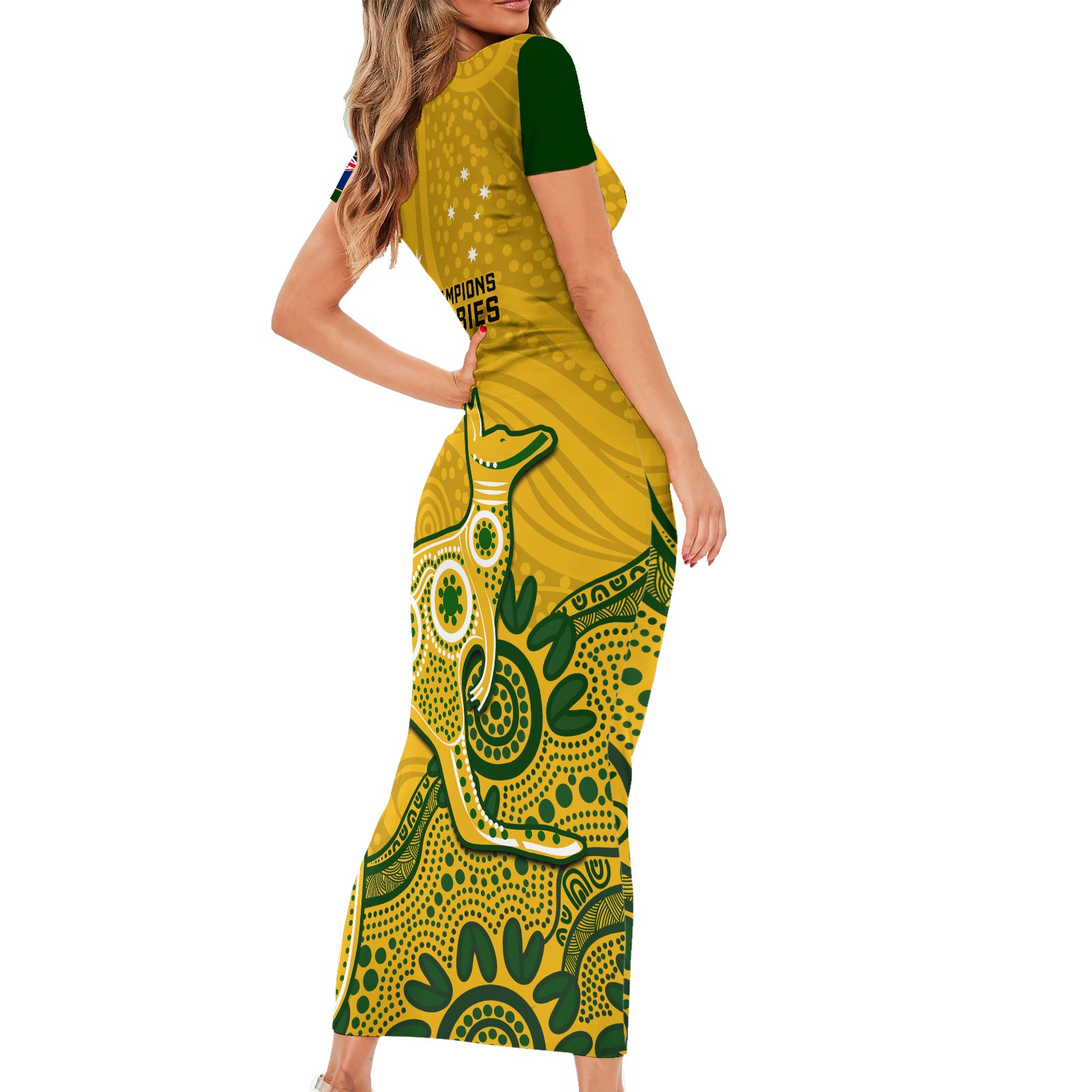 australia-rugby-short-sleeve-bodycon-dress-wallabies-2023-kangaroo-indigenous-art