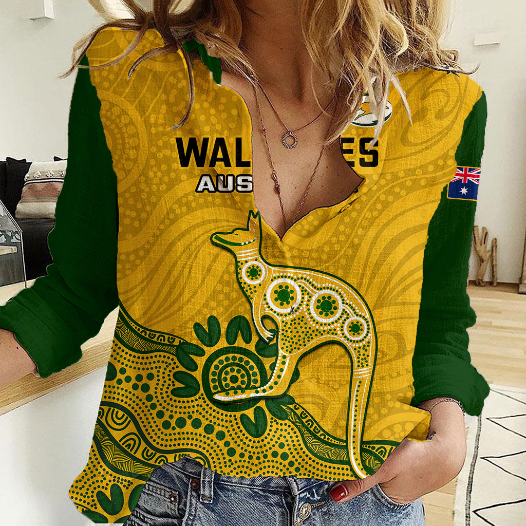 Australia Rugby Women Casual Shirt Wallabies 2023 Kangaroo Indigenous Art - Vibe Hoodie Shop