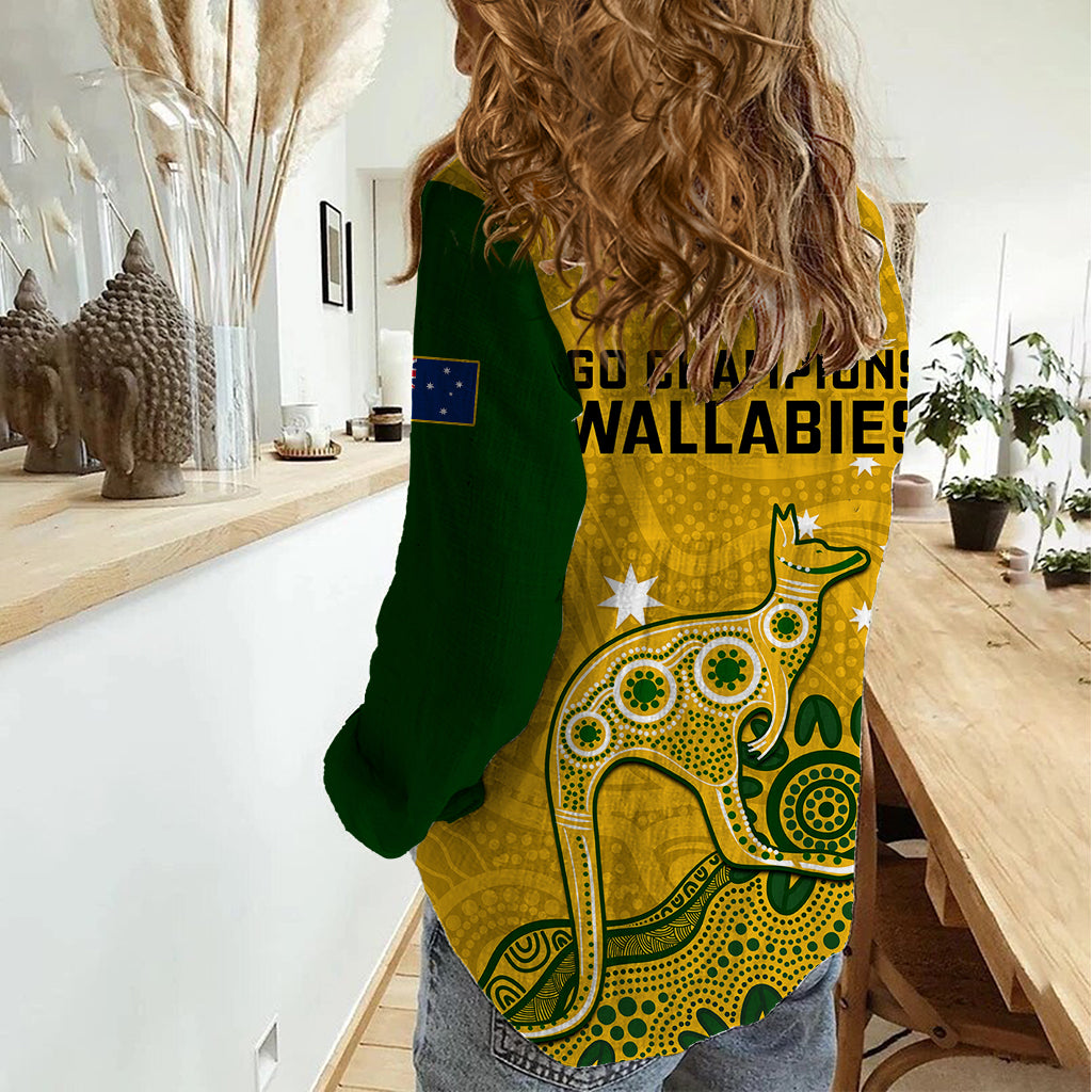 Australia Rugby Women Casual Shirt Wallabies 2023 Kangaroo Indigenous Art - Vibe Hoodie Shop