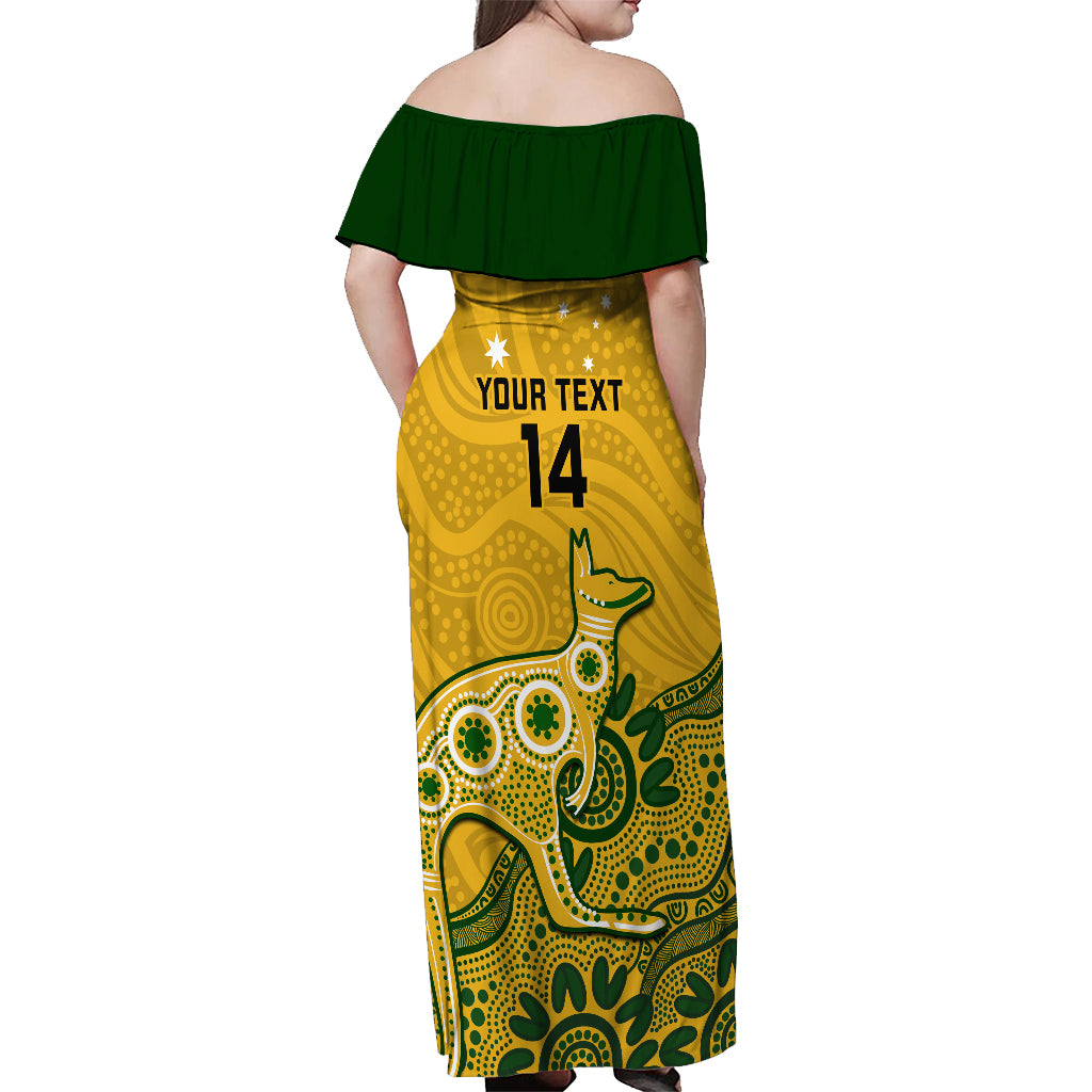 Custom Australia Rugby Off Shoulder Maxi Dress Wallabies 2023 Kangaroo Indigenous Art - Vibe Hoodie Shop