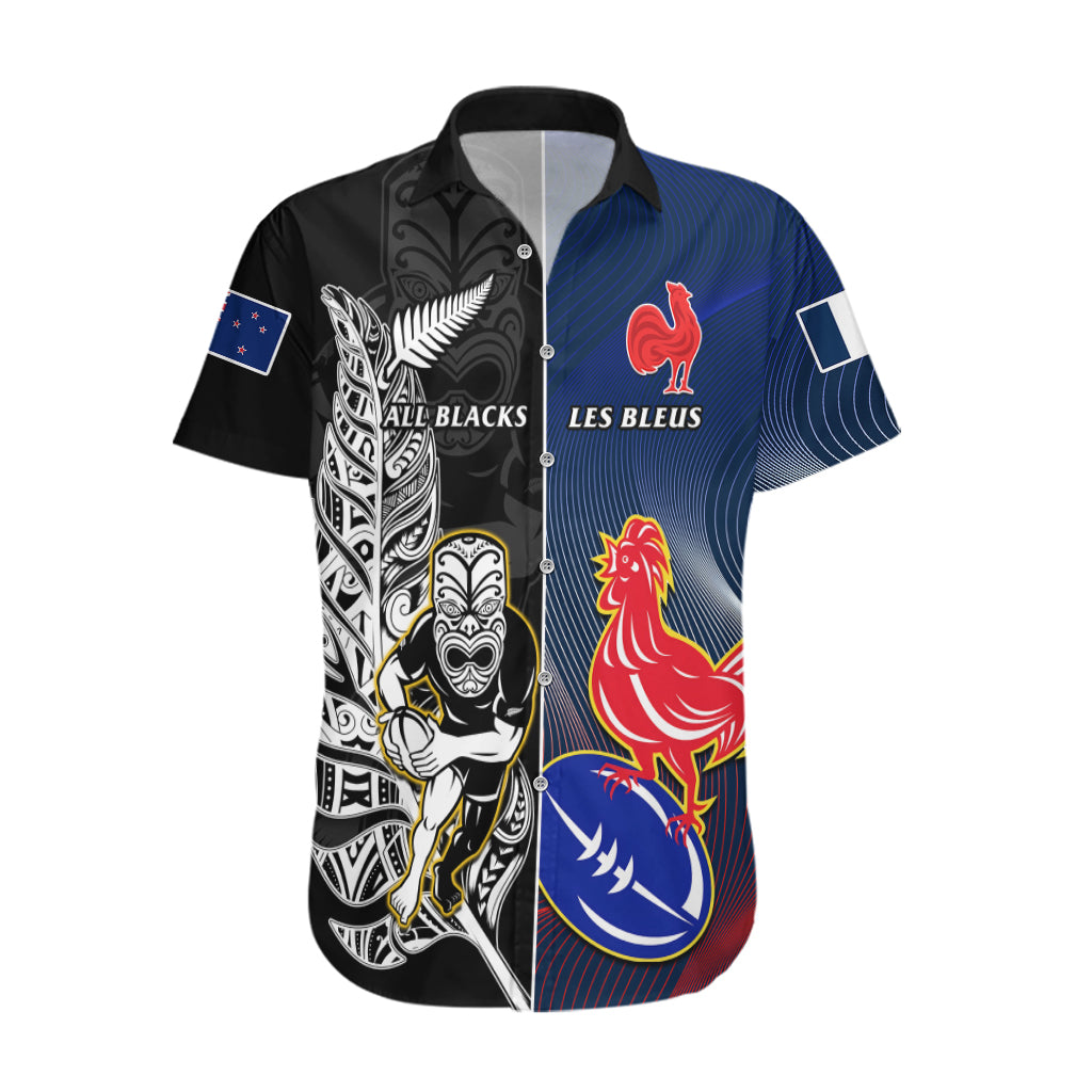 New Zealand And France Rugby Hawaiian Shirt All Black With Les Bleus Together 2023 World Cup - Vibe Hoodie Shop