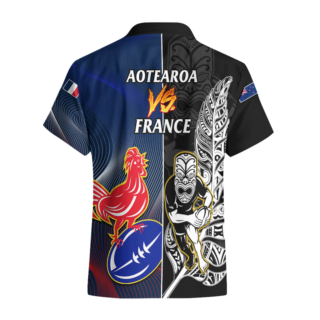 New Zealand And France Rugby Hawaiian Shirt All Black With Les Bleus Together 2023 World Cup - Vibe Hoodie Shop