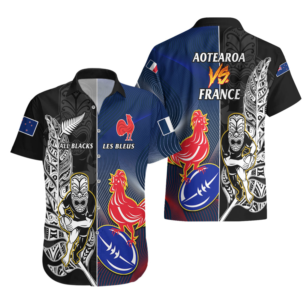 New Zealand And France Rugby Hawaiian Shirt All Black With Les Bleus Together 2023 World Cup - Vibe Hoodie Shop