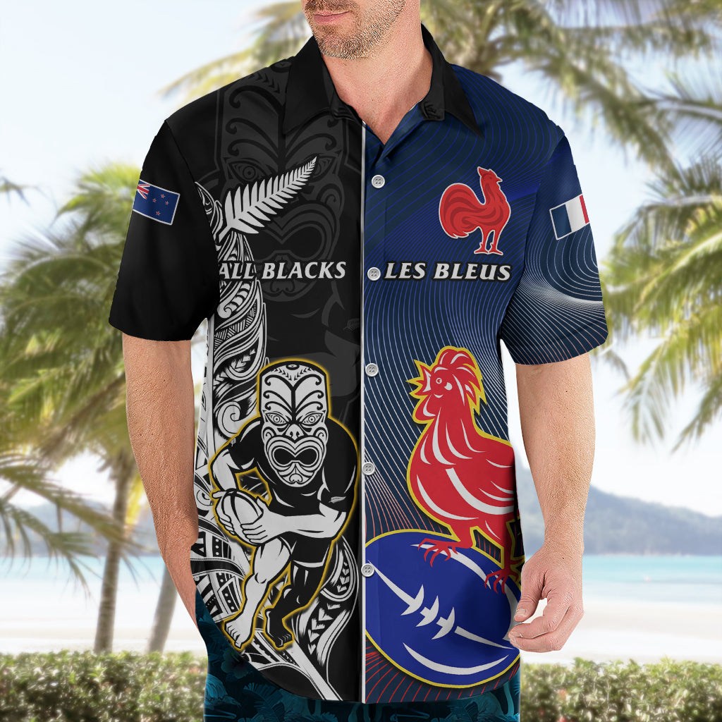 New Zealand And France Rugby Hawaiian Shirt All Black With Les Bleus Together 2023 World Cup - Vibe Hoodie Shop