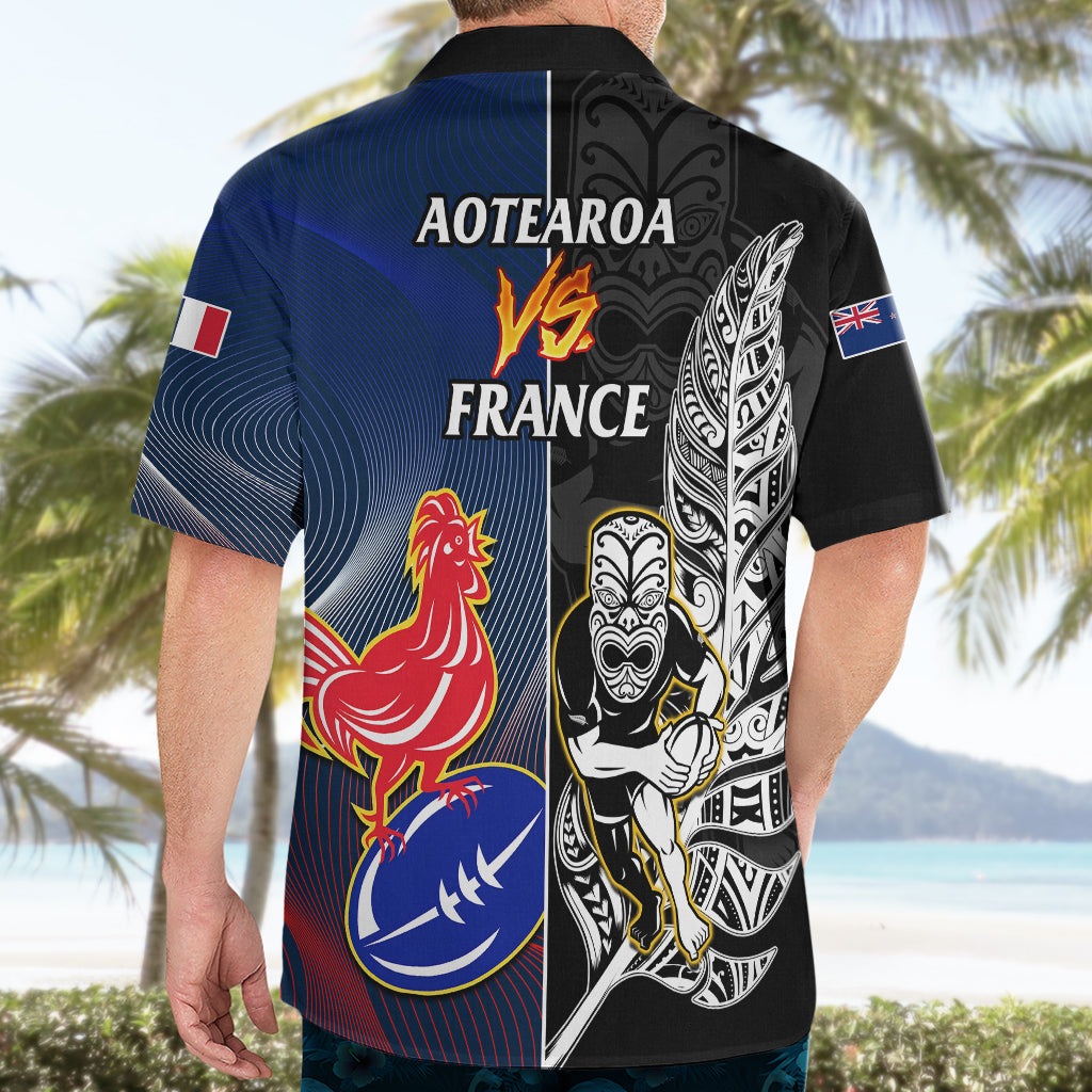 New Zealand And France Rugby Hawaiian Shirt All Black With Les Bleus Together 2023 World Cup - Vibe Hoodie Shop
