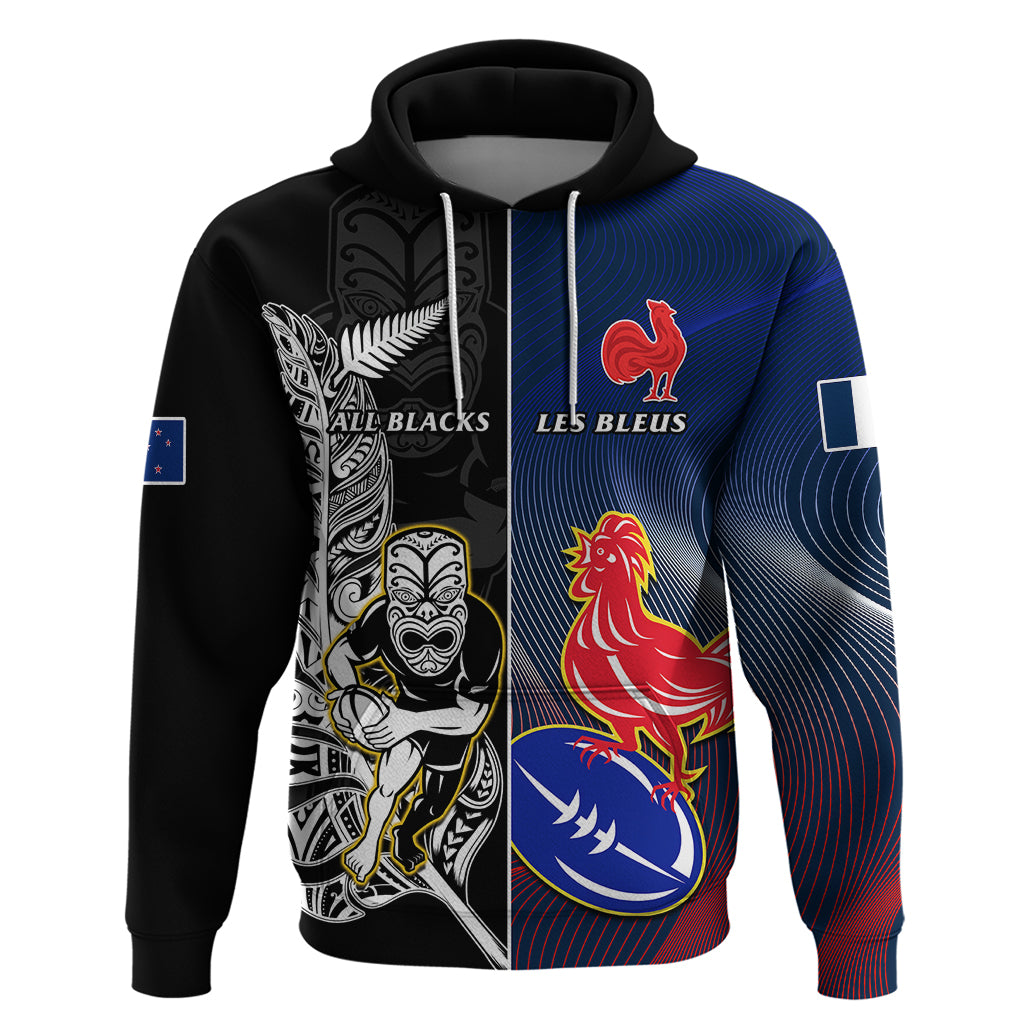 New Zealand And France Rugby Hoodie All Black With Les Bleus Together 2023 World Cup - Vibe Hoodie Shop