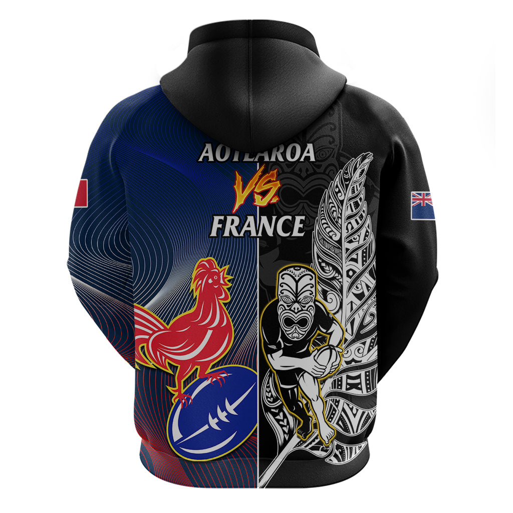 New Zealand And France Rugby Hoodie All Black With Les Bleus Together 2023 World Cup - Vibe Hoodie Shop