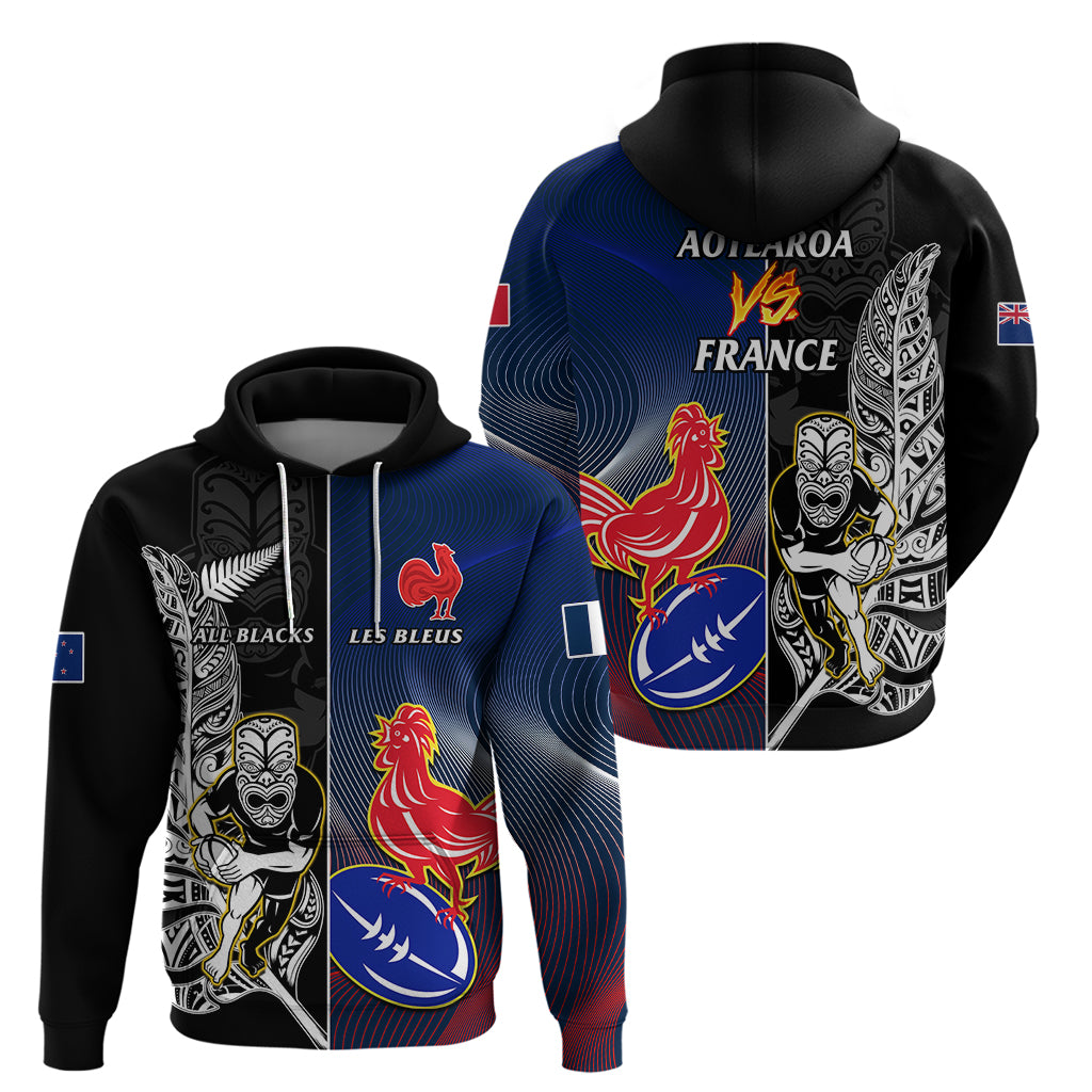 New Zealand And France Rugby Hoodie All Black With Les Bleus Together 2023 World Cup - Vibe Hoodie Shop