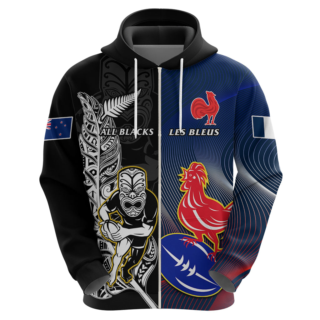 New Zealand And France Rugby Hoodie All Black With Les Bleus Together 2023 World Cup - Vibe Hoodie Shop