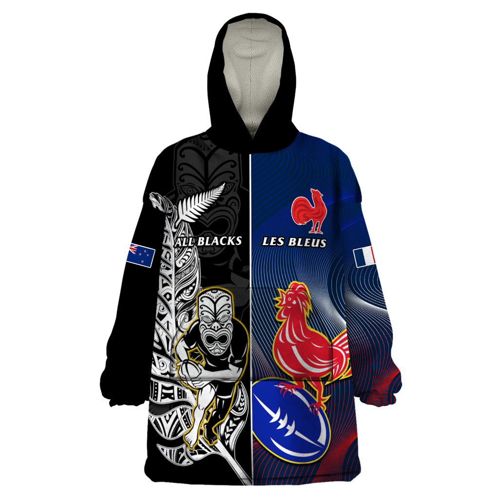 New Zealand And France Rugby Wearable Blanket Hoodie All Black With Les Bleus Together 2023 World Cup - Vibe Hoodie Shop