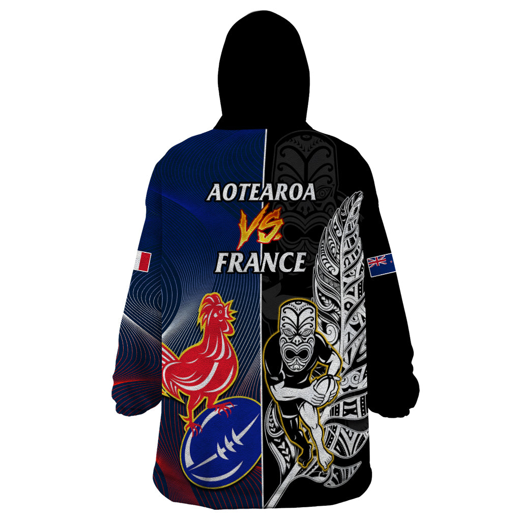 New Zealand And France Rugby Wearable Blanket Hoodie All Black With Les Bleus Together 2023 World Cup - Vibe Hoodie Shop