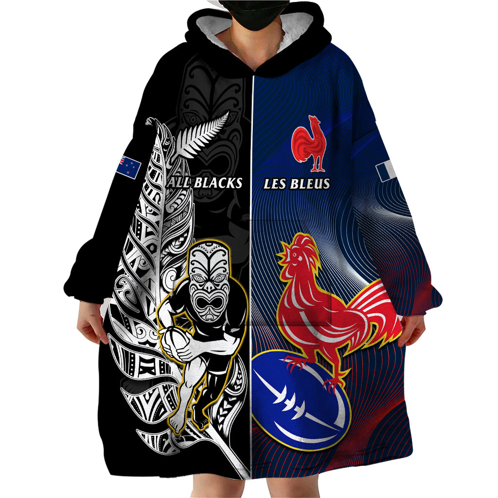 New Zealand And France Rugby Wearable Blanket Hoodie All Black With Les Bleus Together 2023 World Cup - Vibe Hoodie Shop