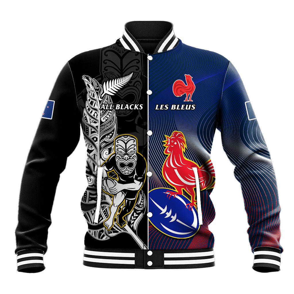 Custom New Zealand And France Rugby Baseball Jacket All Black With Les Bleus Together 2023 World Cup - Vibe Hoodie Shop