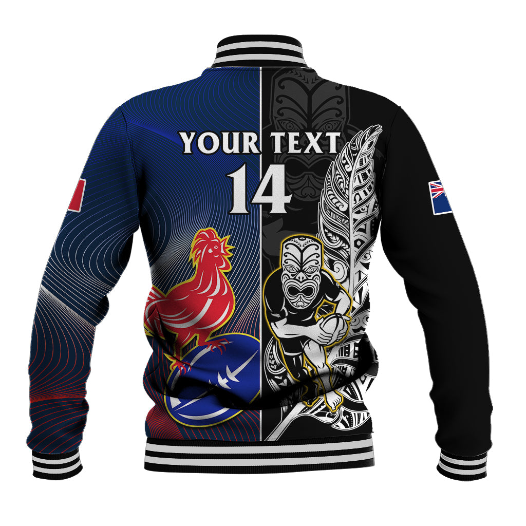 Custom New Zealand And France Rugby Baseball Jacket All Black With Les Bleus Together 2023 World Cup - Vibe Hoodie Shop