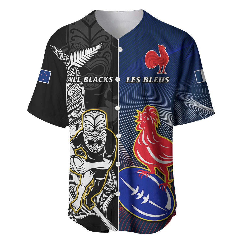 Custom New Zealand And France Rugby Baseball Jersey All Black With Les Bleus Together 2023 World Cup - Vibe Hoodie Shop