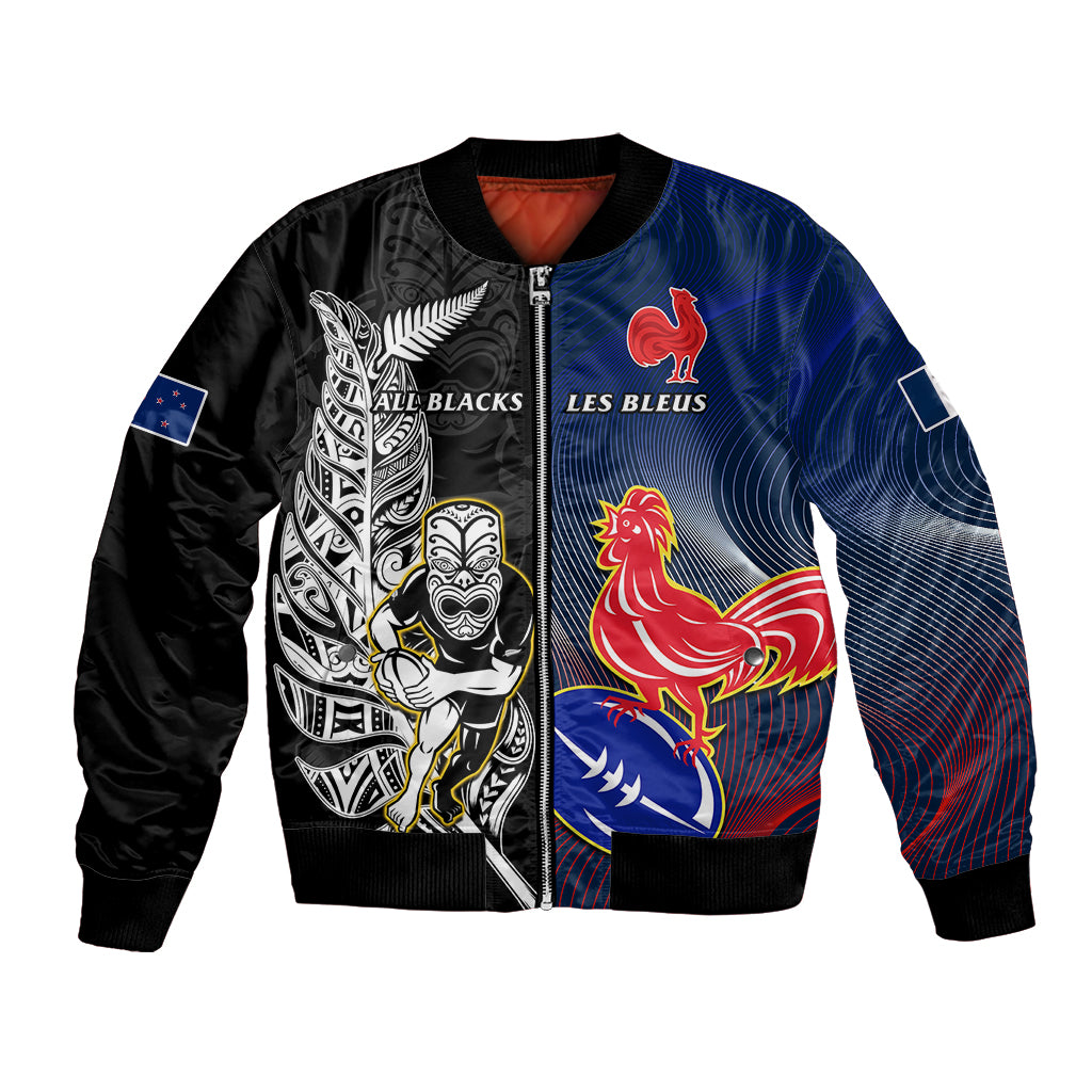 Custom New Zealand And France Rugby Bomber Jacket All Black With Les Bleus Together 2023 World Cup - Vibe Hoodie Shop