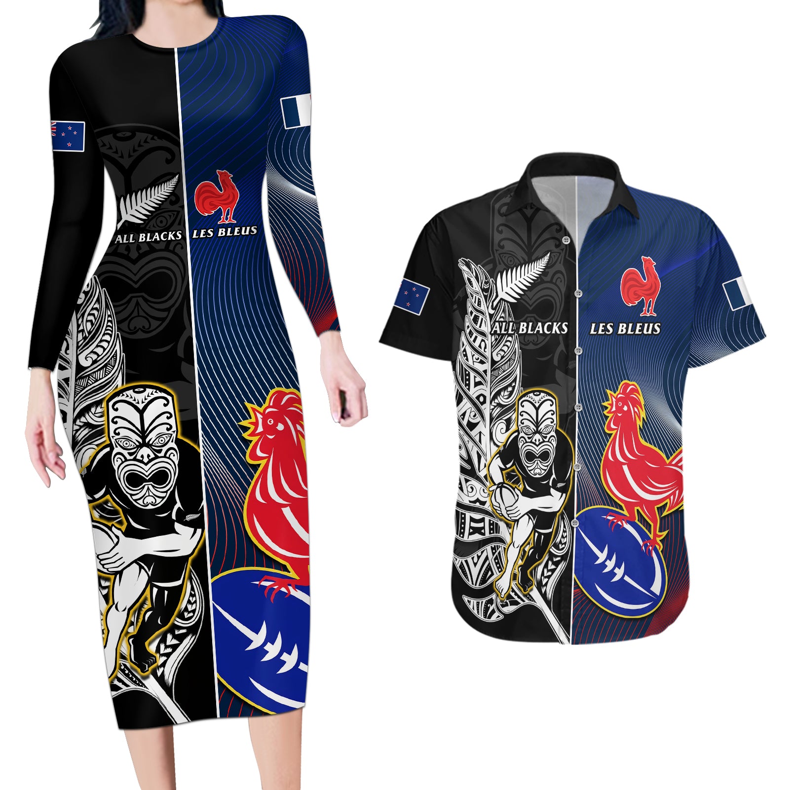 custom-new-zealand-and-france-rugby-couples-matching-long-sleeve-bodycon-dress-and-hawaiian-shirt-all-black-with-les-bleus-together-2023-world-cup