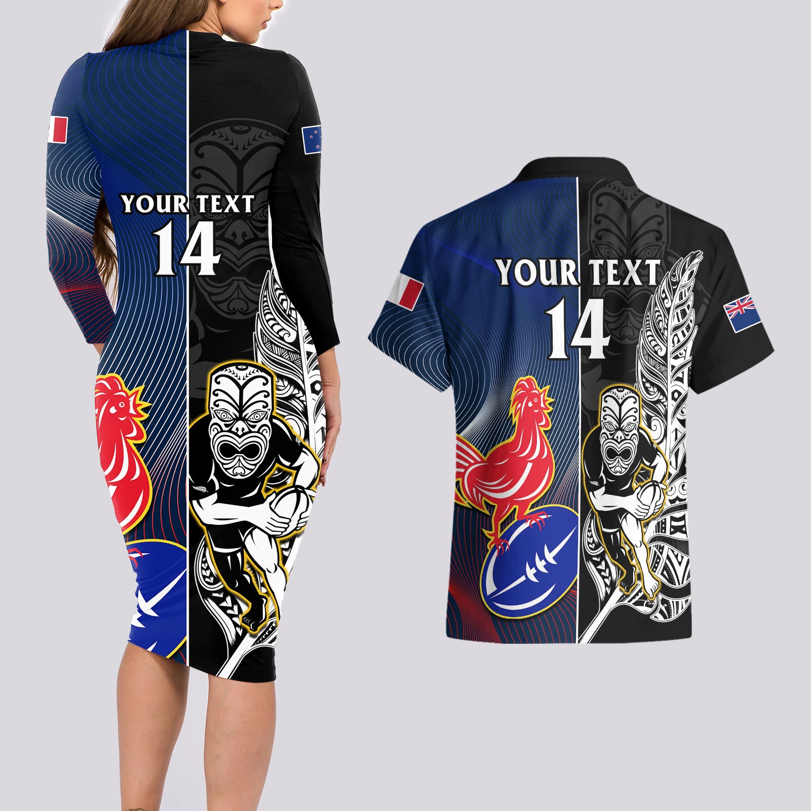 custom-new-zealand-and-france-rugby-couples-matching-long-sleeve-bodycon-dress-and-hawaiian-shirt-all-black-with-les-bleus-together-2023-world-cup