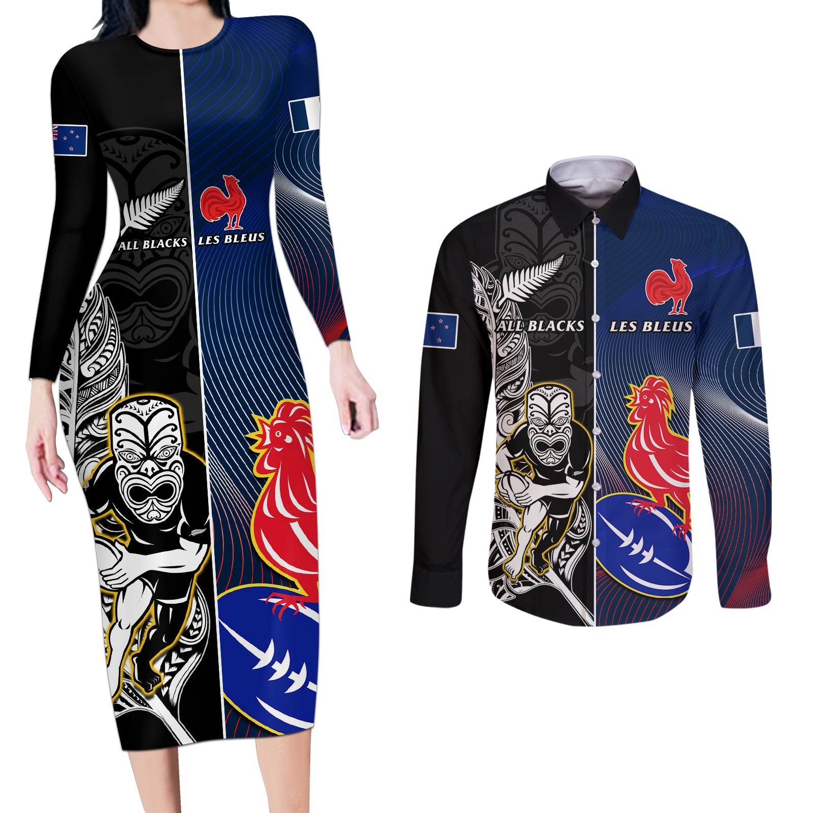 custom-new-zealand-and-france-rugby-couples-matching-long-sleeve-bodycon-dress-and-long-sleeve-button-shirts-all-black-with-les-bleus-together-2023-world-cup