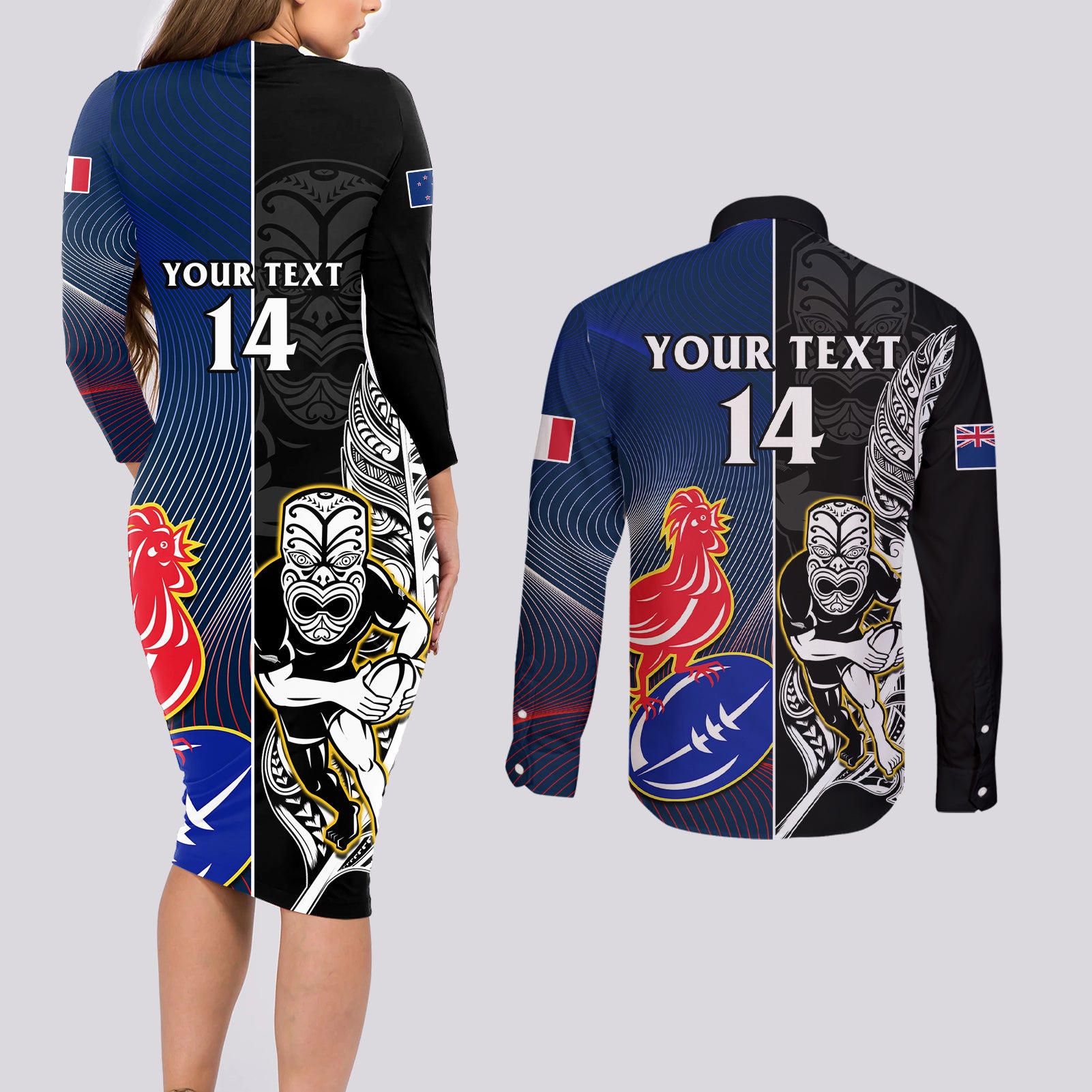 custom-new-zealand-and-france-rugby-couples-matching-long-sleeve-bodycon-dress-and-long-sleeve-button-shirts-all-black-with-les-bleus-together-2023-world-cup