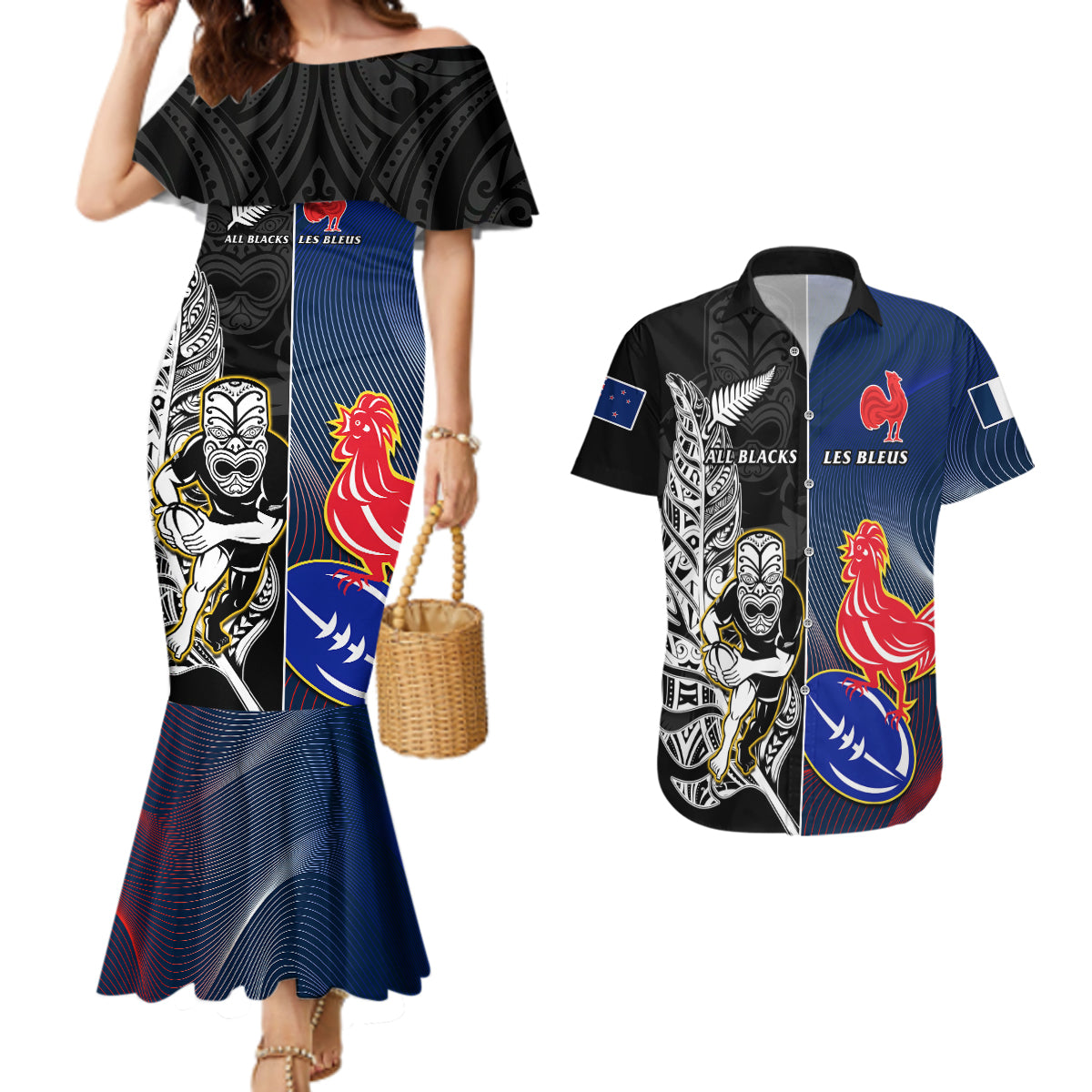 custom-new-zealand-and-france-rugby-couples-matching-mermaid-dress-and-hawaiian-shirt-all-black-with-les-bleus-together-2023-world-cup