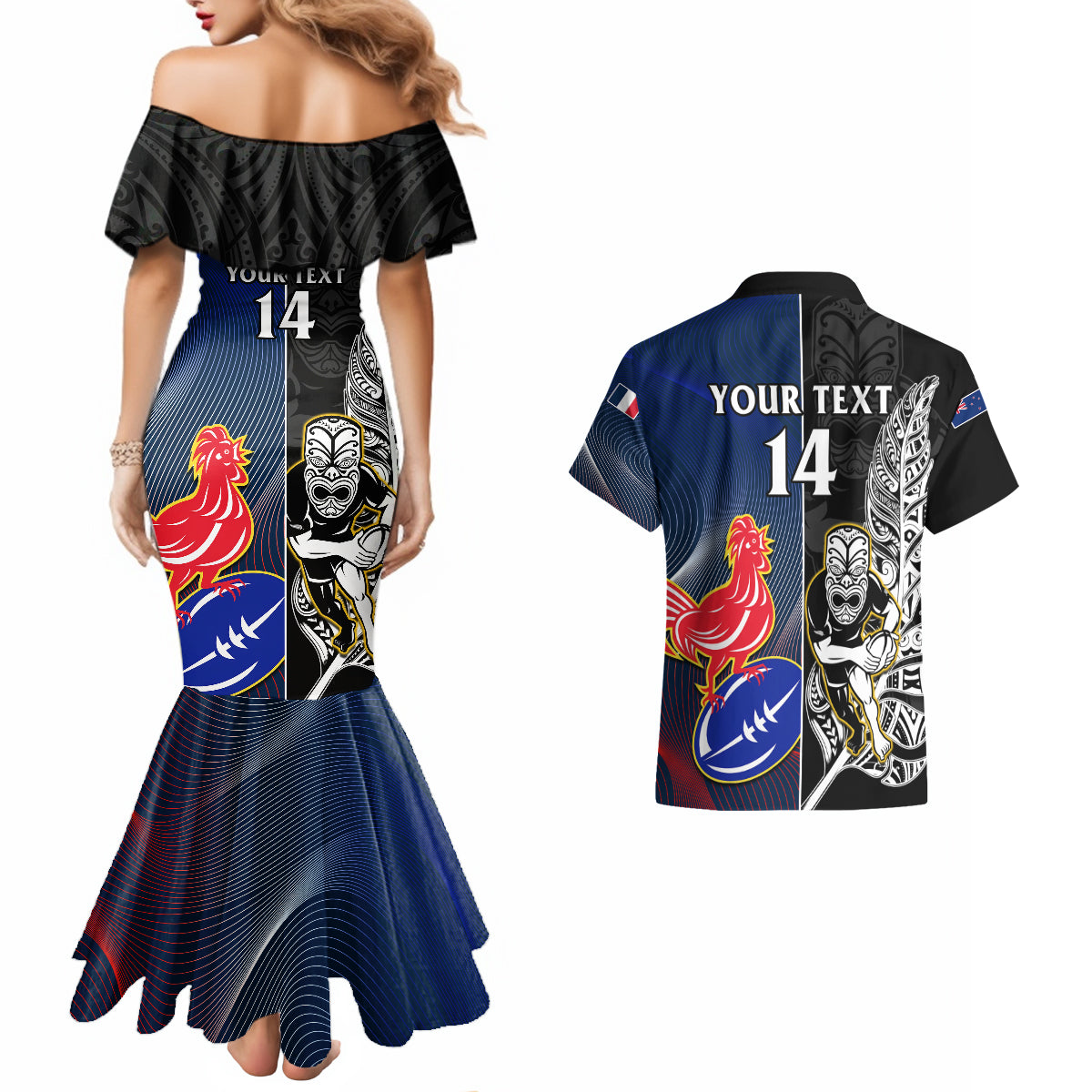 custom-new-zealand-and-france-rugby-couples-matching-mermaid-dress-and-hawaiian-shirt-all-black-with-les-bleus-together-2023-world-cup