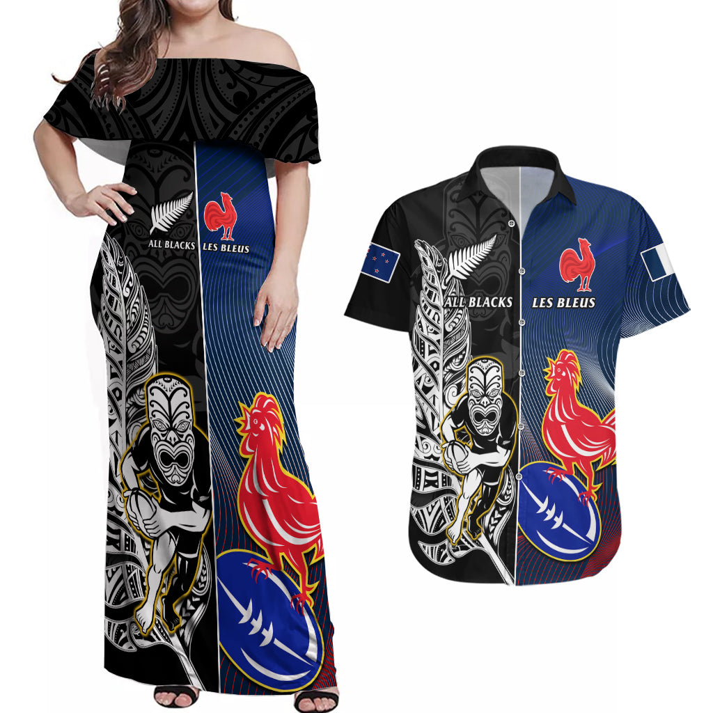 custom-new-zealand-and-france-rugby-couples-matching-off-shoulder-maxi-dress-and-hawaiian-shirt-all-black-with-les-bleus-together-2023-world-cup