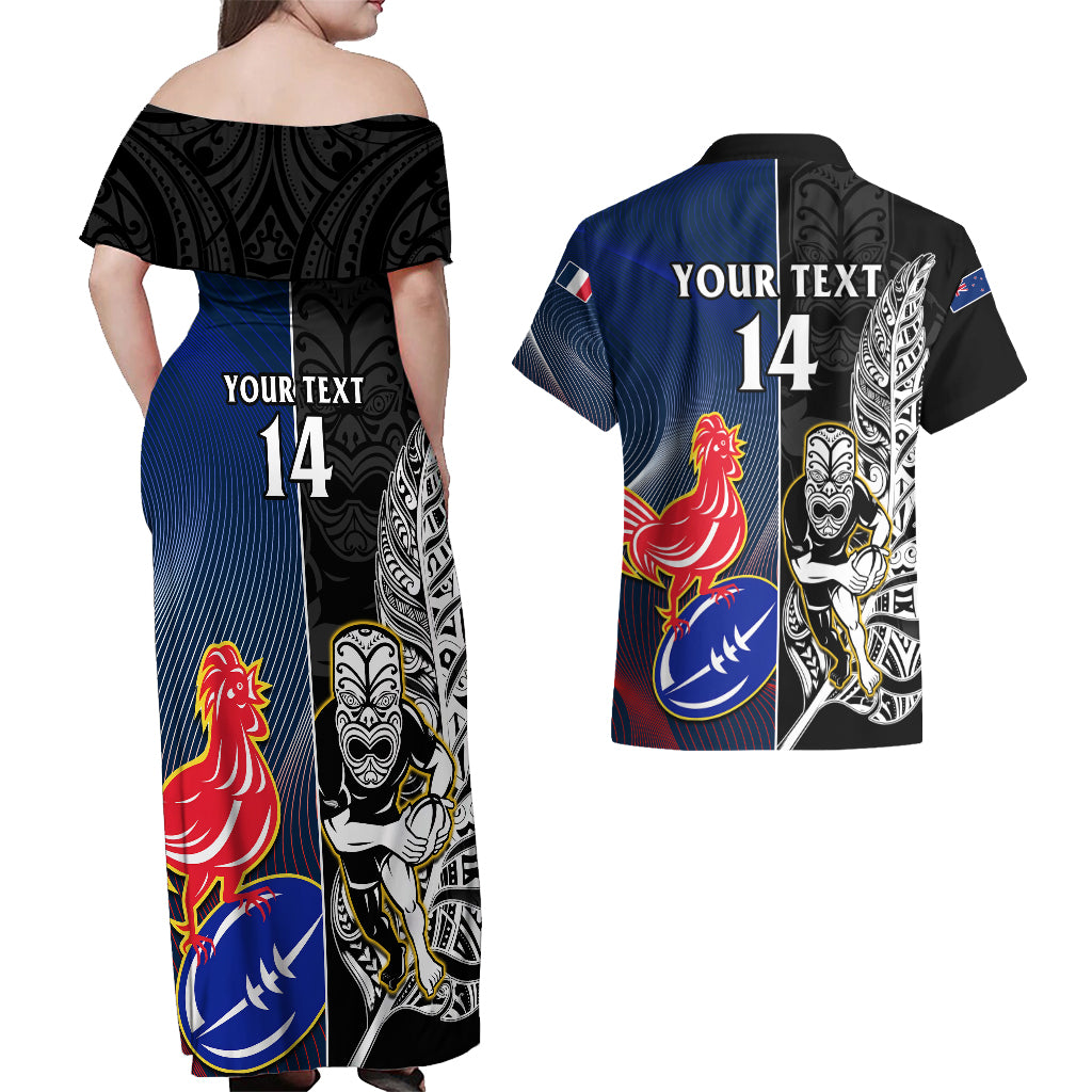 custom-new-zealand-and-france-rugby-couples-matching-off-shoulder-maxi-dress-and-hawaiian-shirt-all-black-with-les-bleus-together-2023-world-cup