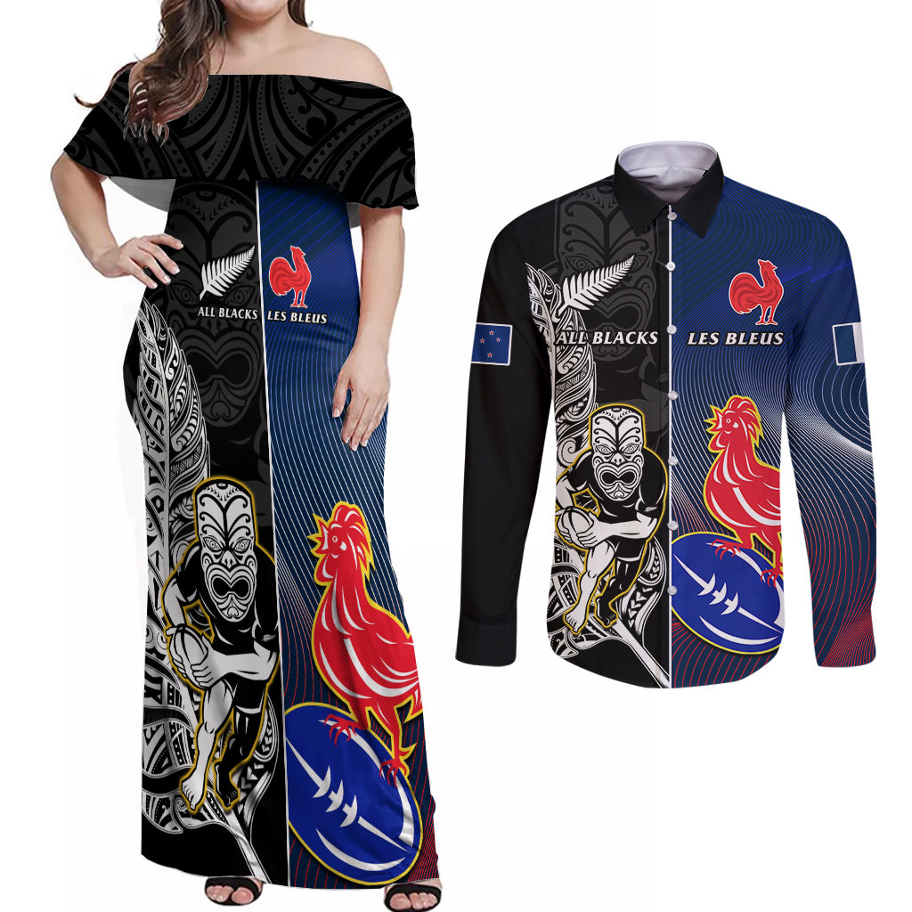 custom-new-zealand-and-france-rugby-couples-matching-off-shoulder-maxi-dress-and-long-sleeve-button-shirts-all-black-with-les-bleus-together-2023-world-cup