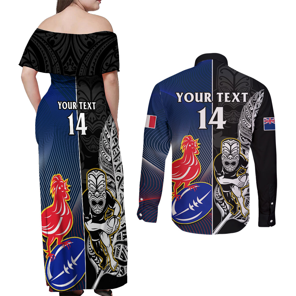 custom-new-zealand-and-france-rugby-couples-matching-off-shoulder-maxi-dress-and-long-sleeve-button-shirts-all-black-with-les-bleus-together-2023-world-cup