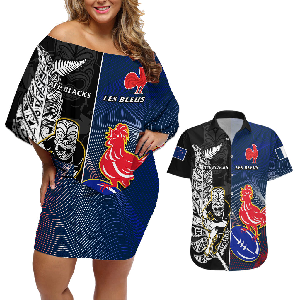 custom-new-zealand-and-france-rugby-couples-matching-off-shoulder-short-dress-and-hawaiian-shirt-all-black-with-les-bleus-together-2023-world-cup