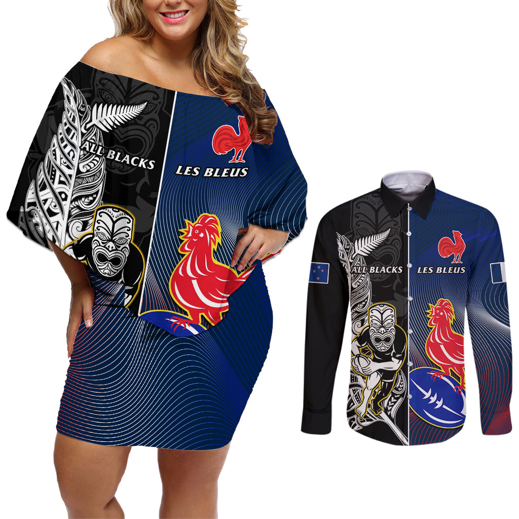 custom-new-zealand-and-france-rugby-couples-matching-off-shoulder-short-dress-and-long-sleeve-button-shirts-all-black-with-les-bleus-together-2023-world-cup