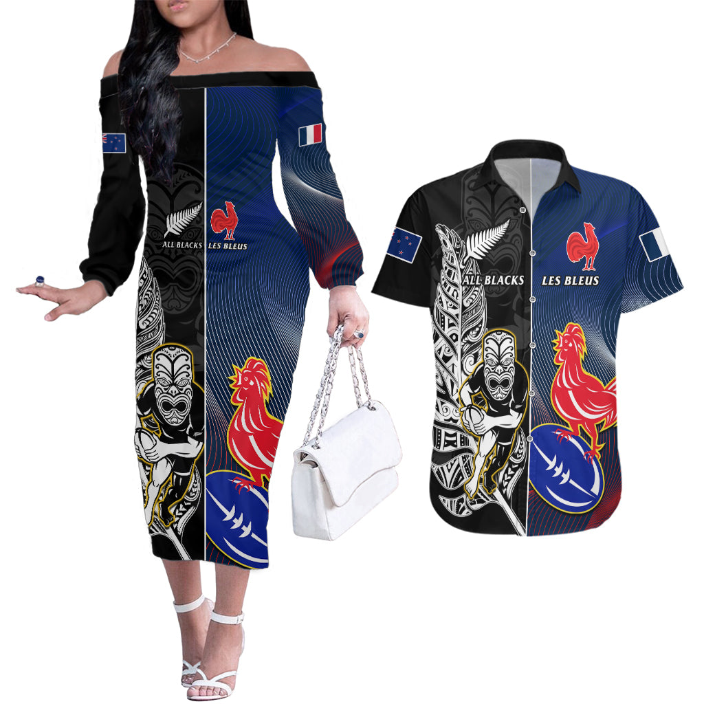 custom-new-zealand-and-france-rugby-couples-matching-off-the-shoulder-long-sleeve-dress-and-hawaiian-shirt-all-black-with-les-bleus-together-2023-world-cup