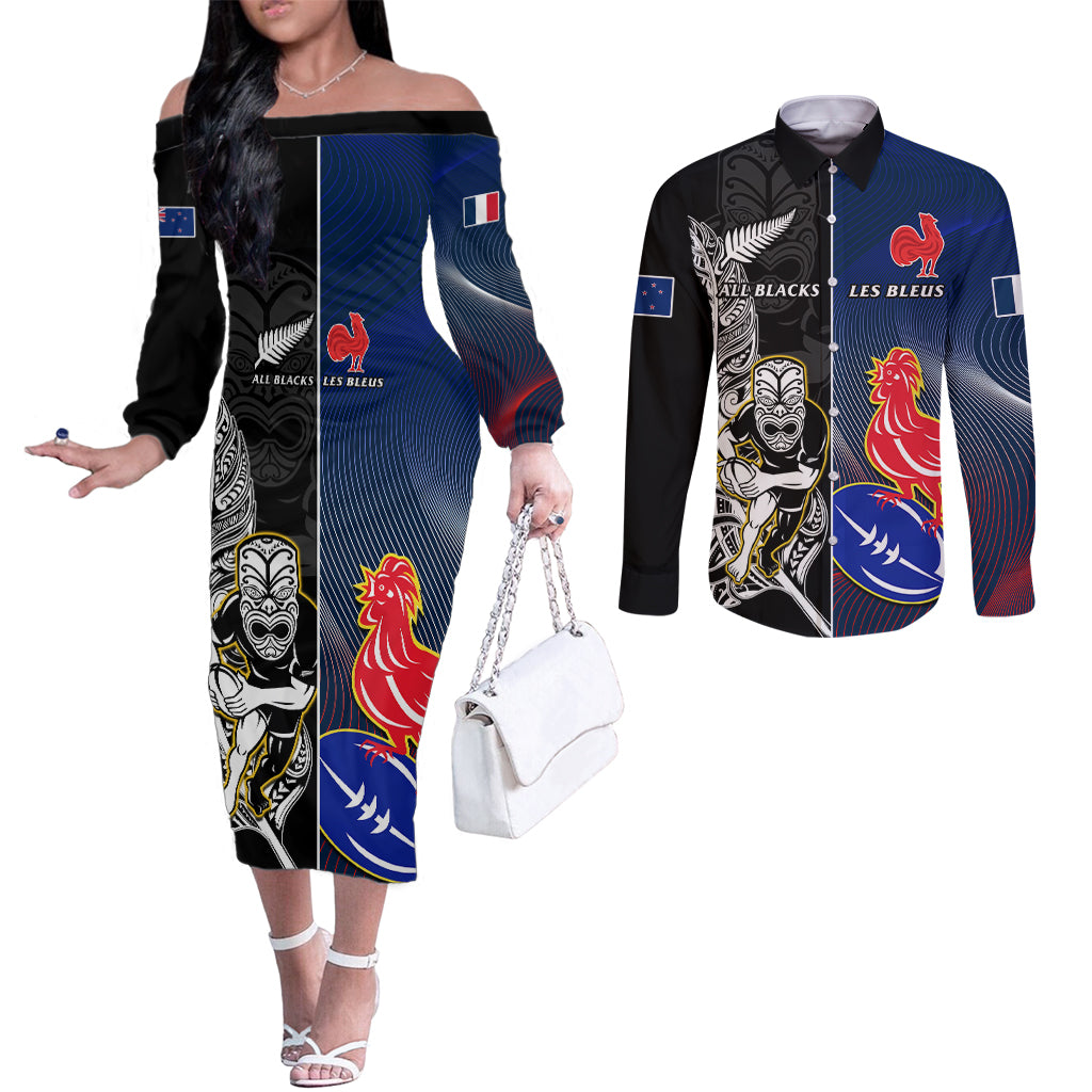 custom-new-zealand-and-france-rugby-couples-matching-off-the-shoulder-long-sleeve-dress-and-long-sleeve-button-shirts-all-black-with-les-bleus-together-2023-world-cup