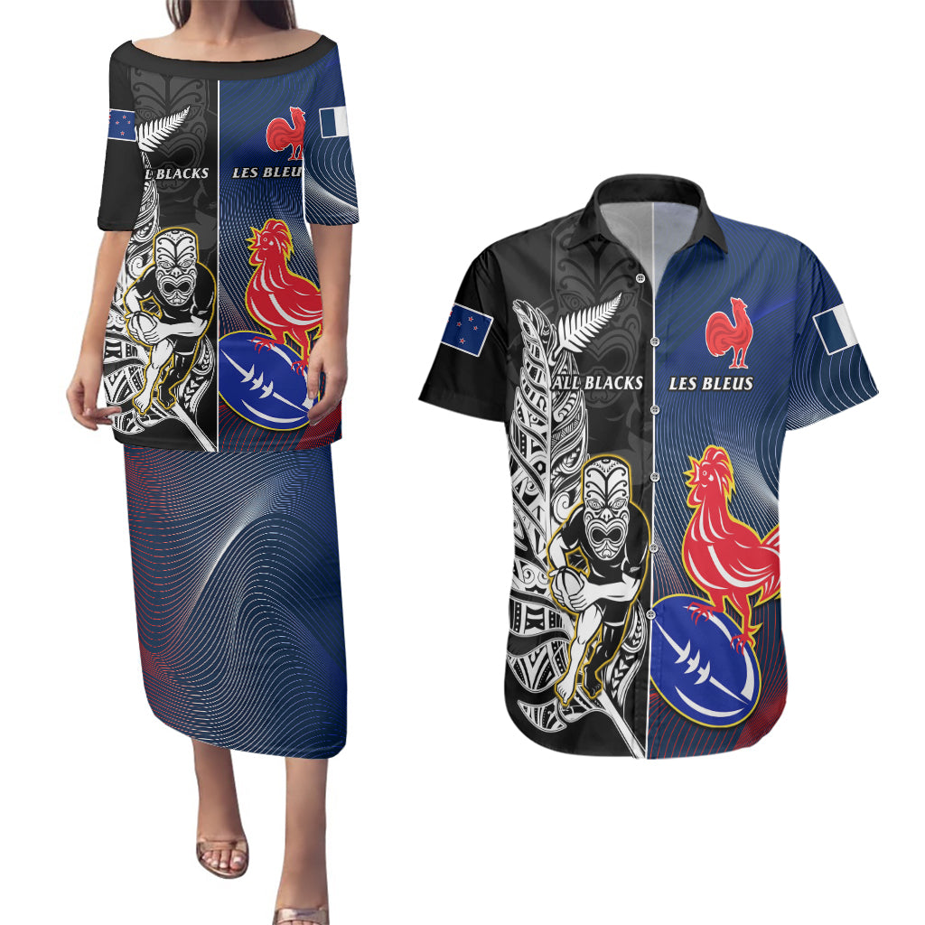 custom-new-zealand-and-france-rugby-couples-matching-puletasi-dress-and-hawaiian-shirt-all-black-with-les-bleus-together-2023-world-cup