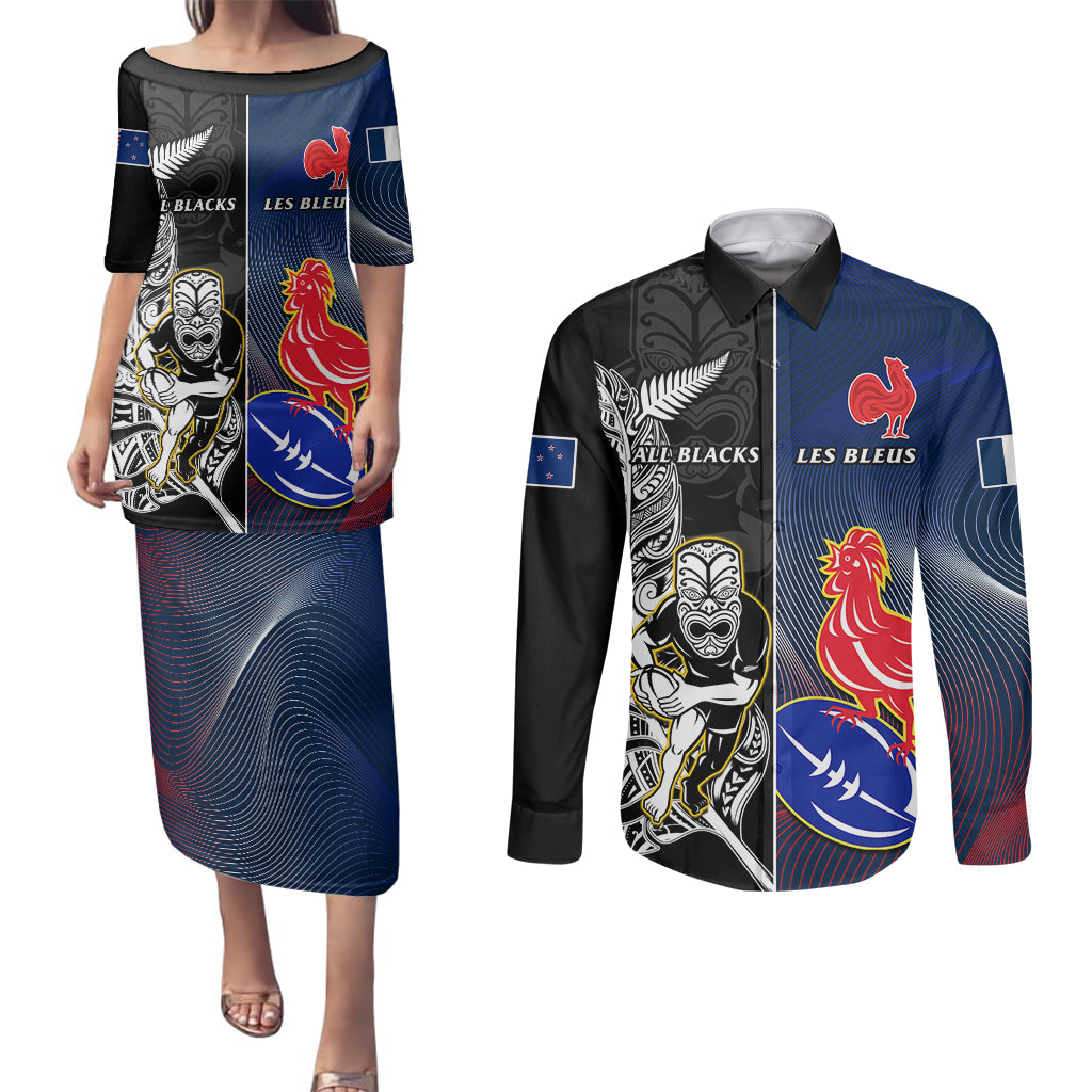 custom-new-zealand-and-france-rugby-couples-matching-puletasi-dress-and-long-sleeve-button-shirts-all-black-with-les-bleus-together-2023-world-cup