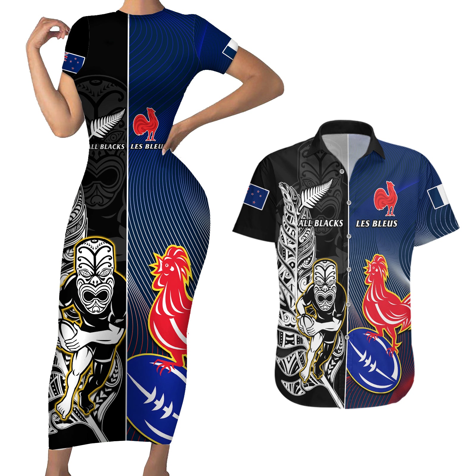 custom-new-zealand-and-france-rugby-couples-matching-short-sleeve-bodycon-dress-and-hawaiian-shirt-all-black-with-les-bleus-together-2023-world-cup