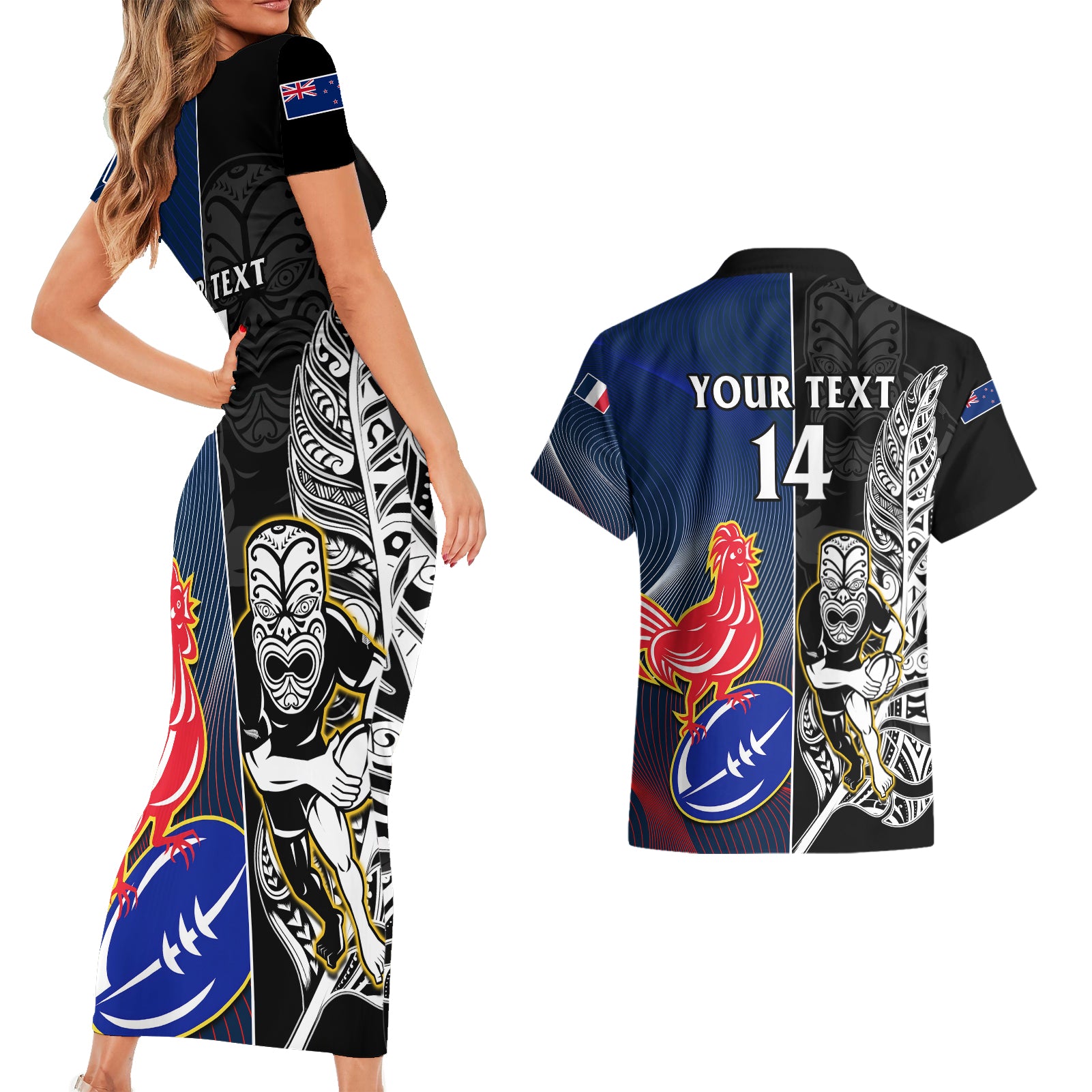 custom-new-zealand-and-france-rugby-couples-matching-short-sleeve-bodycon-dress-and-hawaiian-shirt-all-black-with-les-bleus-together-2023-world-cup