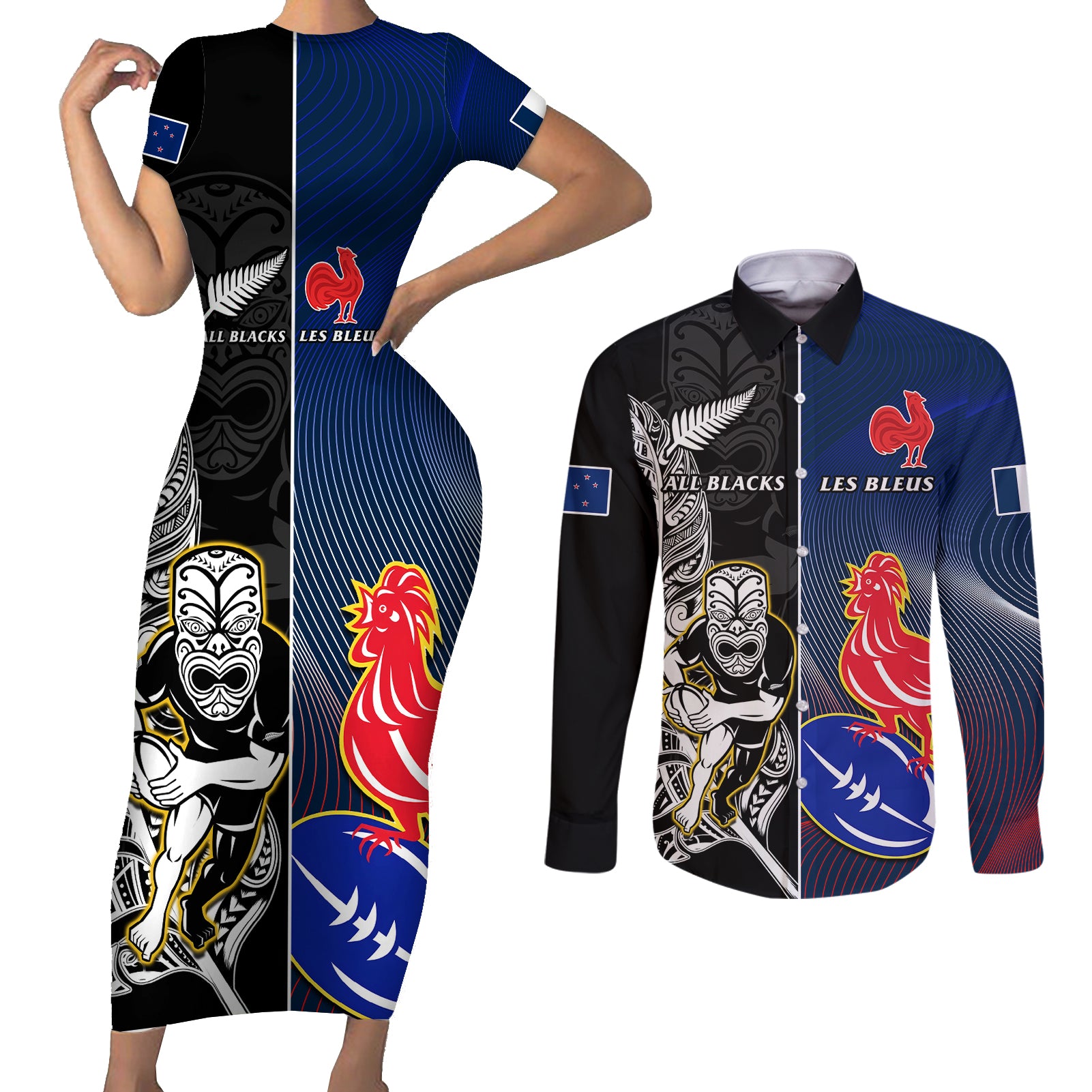 custom-new-zealand-and-france-rugby-couples-matching-short-sleeve-bodycon-dress-and-long-sleeve-button-shirts-all-black-with-les-bleus-together-2023-world-cup