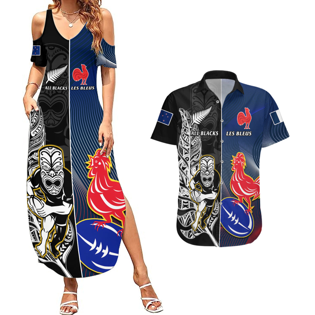 custom-new-zealand-and-france-rugby-couples-matching-summer-maxi-dress-and-hawaiian-shirt-all-black-with-les-bleus-together-2023-world-cup