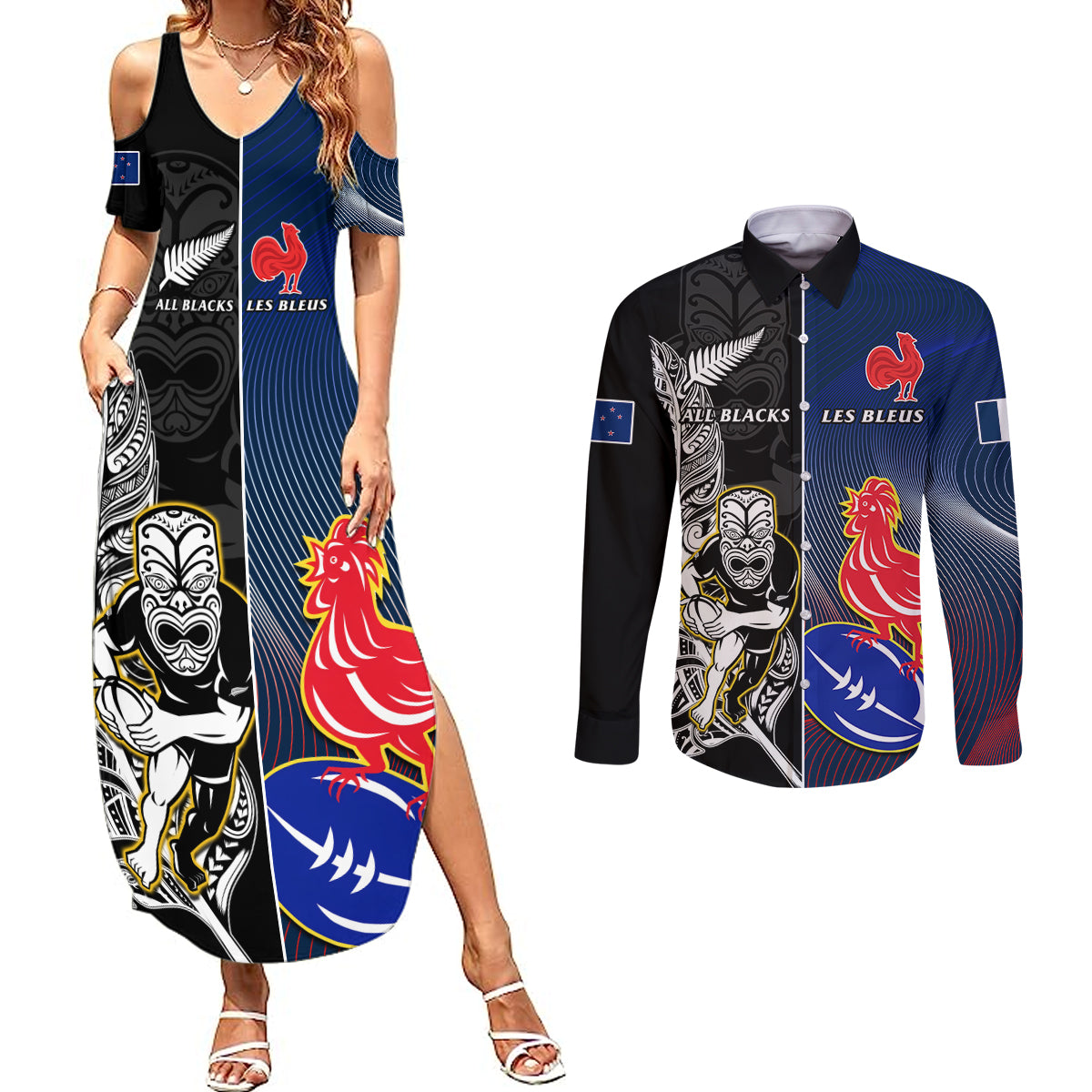 custom-new-zealand-and-france-rugby-couples-matching-summer-maxi-dress-and-long-sleeve-button-shirts-all-black-with-les-bleus-together-2023-world-cup