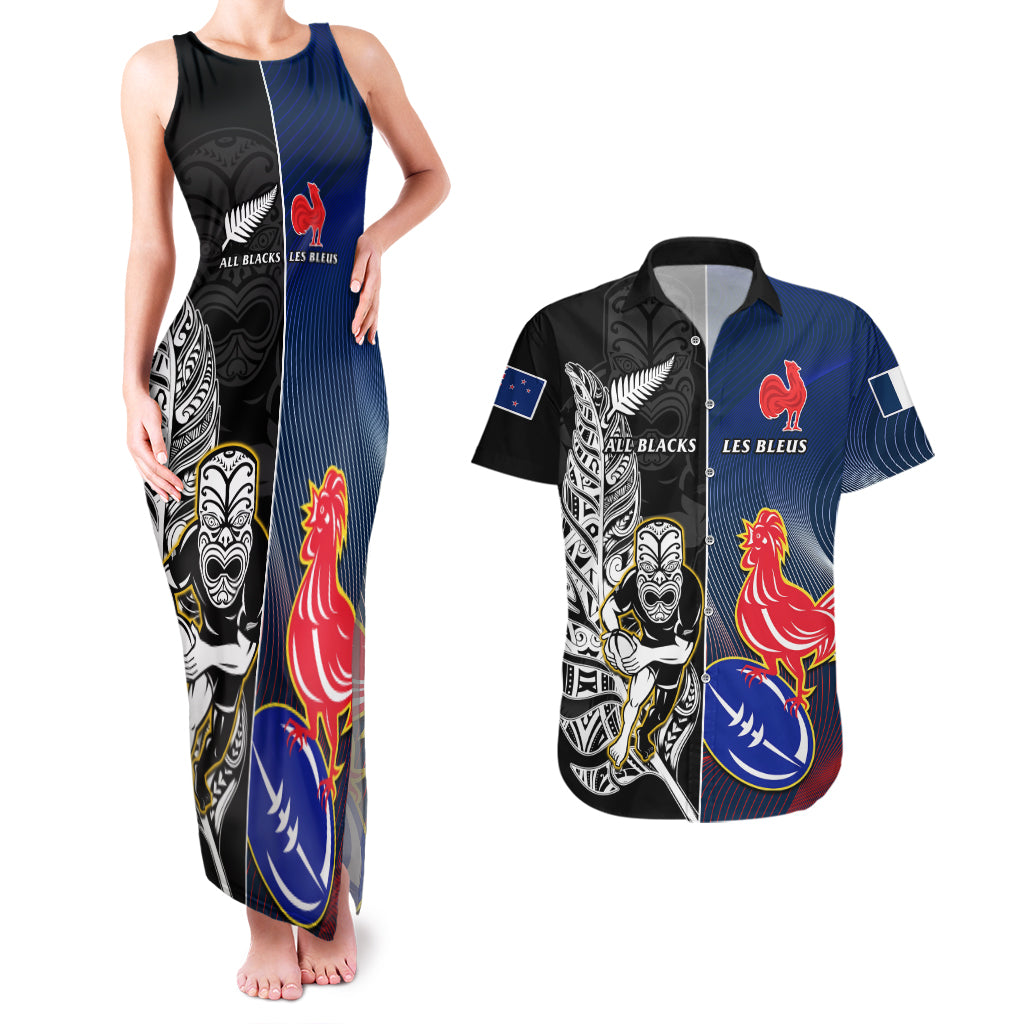 custom-new-zealand-and-france-rugby-couples-matching-tank-maxi-dress-and-hawaiian-shirt-all-black-with-les-bleus-together-2023-world-cup