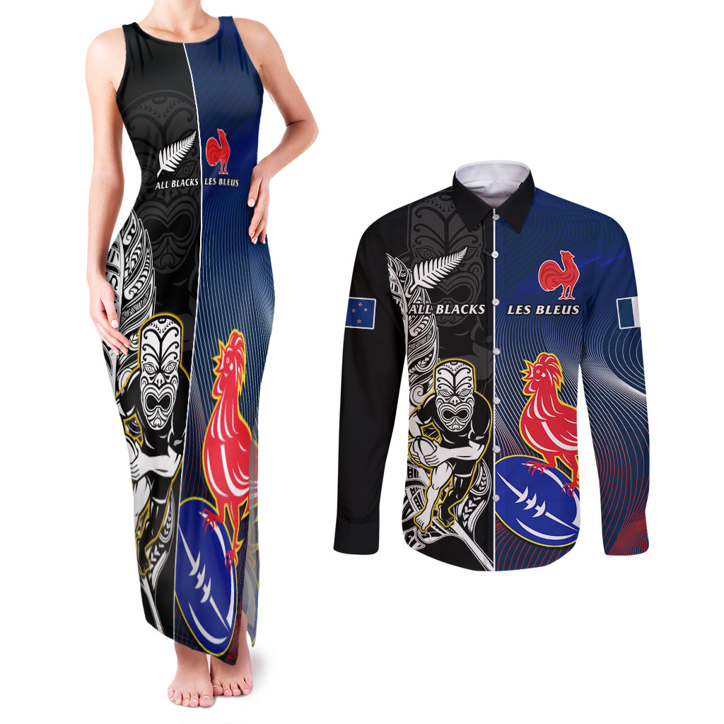 custom-new-zealand-and-france-rugby-couples-matching-tank-maxi-dress-and-long-sleeve-button-shirts-all-black-with-les-bleus-together-2023-world-cup