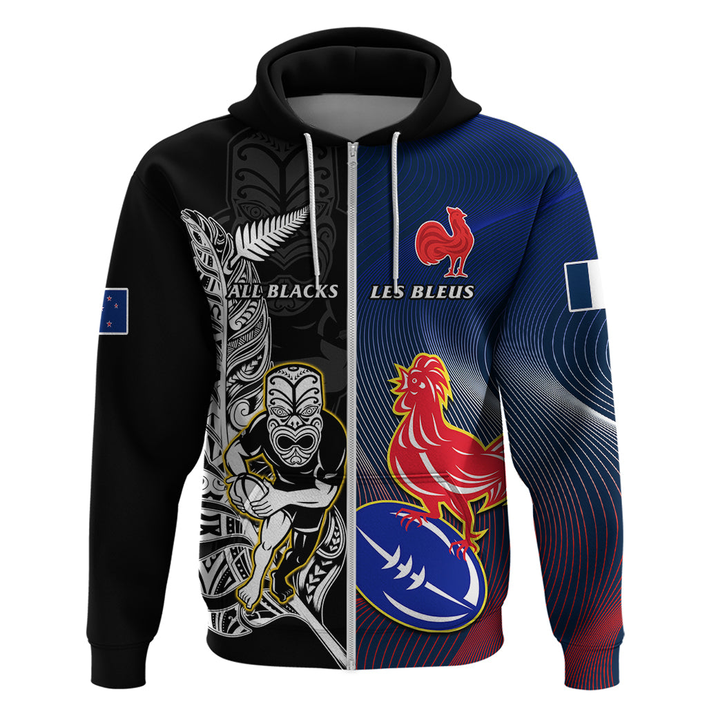 Custom New Zealand And France Rugby Hoodie All Black With Les Bleus Together 2023 World Cup - Vibe Hoodie Shop